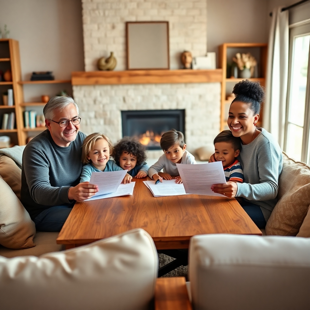 Photorealistic image, 8k resolution, hyperrealistic detail. A diverse family of four sits around a wooden table in a warmly lit living room. Soft diffused lighting emphasizes the family's happy expressions.  The color palette is warm and inviting, with natural wood tones, soft creams, and pops of blue.  A slightly high-angle shot from a seated perspective shows the parents reviewing insurance documents together, with their children engaged in a playful activity nearby.  The documents subtly depict life insurance policies.   Textures include soft fabrics on the furniture and the smooth surfaces of the documents.  The background features a cozy fireplace, bookshelves, and soft natural light filtering through a window. In the style of Annie Leibovitz, emphasizing genuine emotion and family connection.