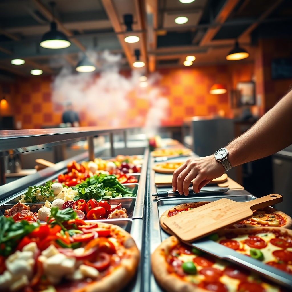 Photorealistic image, 8k resolution, hyperrealistic detail. A bright, inviting pizza restaurant kitchen. Soft diffused lighting. Warm color palette; reds, oranges, yellows.  A customer is carefully selecting toppings at a pizza creation station.  High angle, slightly overhead perspective.  Focus on the colorful array of fresh vegetables, meats, and cheeses.  The station is made of stainless steel with visible textures.  Background shows bustling activity but is slightly blurred.  The overall mood is joyful and energetic.  In the style of a National Geographic food photography.  Include various textures: smooth mozzarella, rough-cut vegetables, crispy pepperoni. Show steam rising from a freshly baked pizza in the background.  Detailed close-up shot of the customer's hands selecting ingredients.  Include wooden cutting boards and metal pizza peels.
