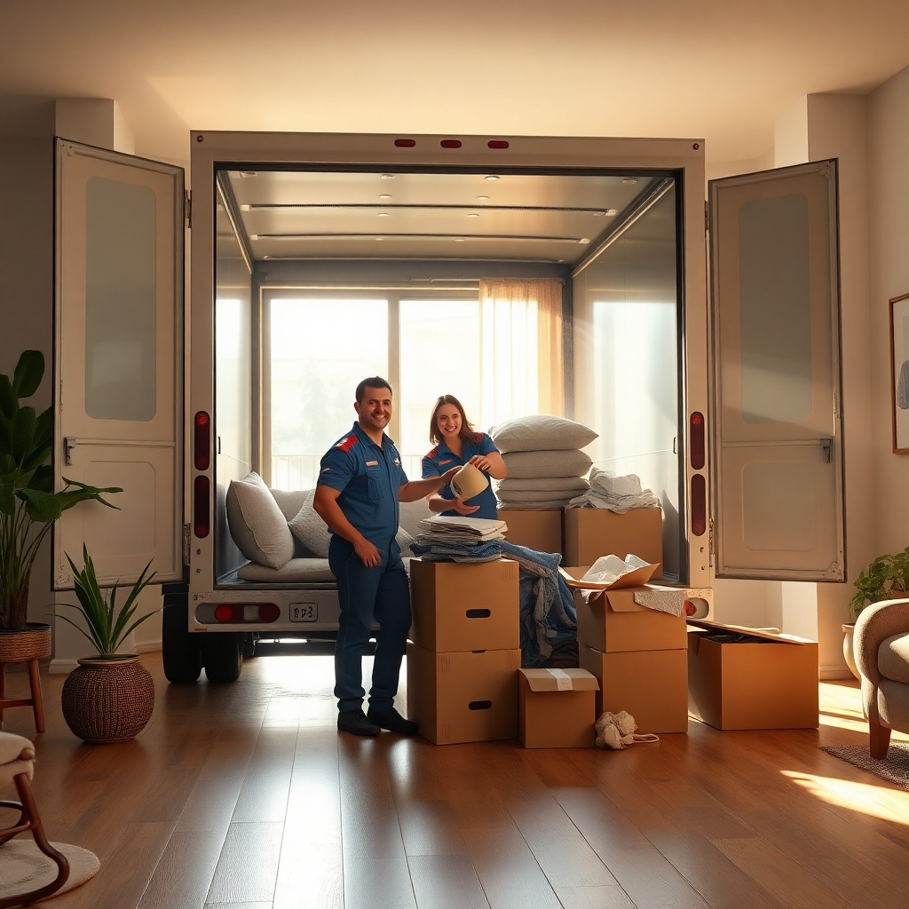 Photorealistic image, 8K resolution, hyperrealistic detail.  A spacious living room, sunlight streaming through a large window, illuminating dust motes in the air. Two friendly, uniformed junk removal workers are efficiently loading a variety of discarded items—an old couch, a broken lamp, several boxes of clutter—into a large, clean junk removal truck. The truck is a modern model, with the company logo clearly visible.  The color palette is warm and inviting, with natural wood tones from the flooring and furniture, and pops of color from the workers' uniforms.  The mood is positive and reassuring.  Camera angle is slightly elevated, showing the entire scene from a comfortable distance.  Textures should be highly detailed—the worn fabric of the couch, the chipped paint on the lamp, the worn cardboard of the boxes.  The background shows neatly organized, clean areas of the home, contrasting with the junk being removed.  Style reference: Gregory Crewdson.  Environmental elements include a house plant and a partially visible painting on the wall.  Lighting: soft, diffused natural light.