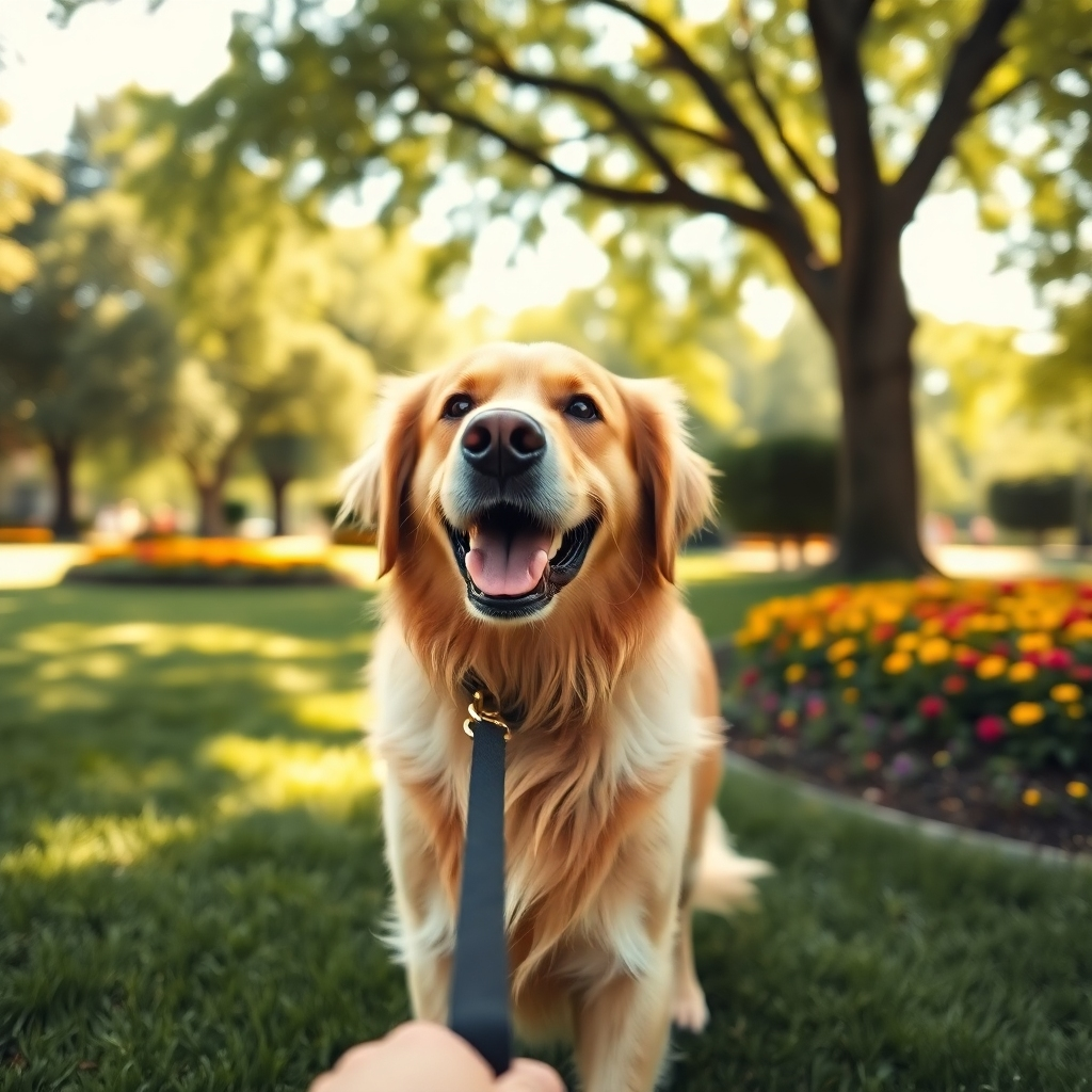 Photorealistic image, 8K resolution, hyperrealistic detail.  A happy golden retriever is on a walk in a sunny park, a leash held by a kind-looking human hand slightly out of focus in the foreground. Soft, diffused lighting, warm color palette, creating a cheerful mood. The park features lush green grass, mature trees providing dappled shade, and a vibrant flowerbed in the background. Camera angle from slightly behind and below the dog, emphasizing its joyful expression.  The dog's fur is highly detailed, showing individual strands and texture.  In the style of Steve McCurry's nature photography. Include a hint of motion blur for realism and depth. The scene should evoke a sense of freedom and companionship.