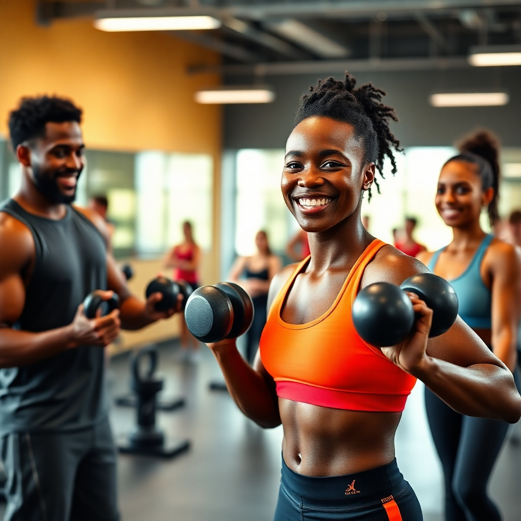 Photorealistic image, 8K resolution, hyperrealistic detail. A diverse, smiling client in athletic wear is shown mid-workout with a personal trainer.  The setting is a modern, well-equipped gym with soft diffused lighting. The color palette is bright and energetic, with warm tones emphasizing the friendly atmosphere. The camera angle is slightly elevated, showcasing the client and trainer interacting positively.  The scene includes various exercise equipment such as dumbbells, kettlebells, and resistance bands.  The trainer is demonstrating correct form.  Texture and material details are highly realistic, showing the sheen of sweat, the texture of the gym floor, and the metallic gleam of weights.  The background is blurred but shows other people discreetly working out, suggesting a busy but not overcrowded gym. The style should evoke the feeling of a professional, encouraging fitness environment. The overall mood is positive and motivational, in the style of Annie Leibovitz's fitness photography. 