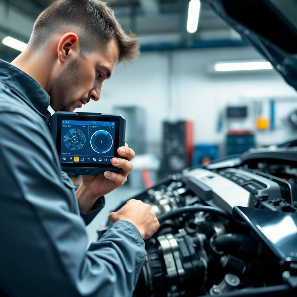 Photorealistic image, 8K resolution, hyperrealistic detail.  A mechanic in a clean, well-lit garage uses a high-tech diagnostic scanner on a modern car engine. Soft, diffused lighting illuminates the scene. The color palette is cool and professional: blues, grays, and metallic accents. The camera angle is slightly elevated, looking down at the mechanic and engine.  Focus is sharply on the scanner and the engine's intricate components.  Textures should show the smooth plastic of the scanner, the rough metal of engine parts, and the subtle reflections on the polished surfaces. The garage is spacious and organized, with tools neatly arranged in the background.  The mechanic wears a clean uniform. Style: Inspired by automotive advertising photography.  Include a detailed view of the diagnostic software display on the scanner showing various engine parameters. The overall mood is one of precision and expertise.