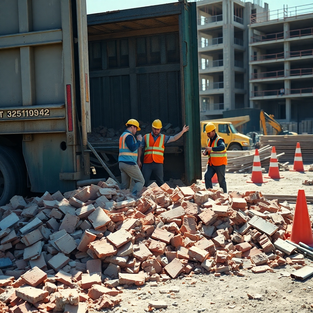 Photorealistic image, 8K resolution.  Focus on a construction site after demolition.  A large dumpster is partially visible, surrounded by a pile of construction debris—broken bricks, wood scraps, plaster fragments, metal pieces.  Two or three uniformed and safety-equipped junk removal workers are efficiently sorting and loading this debris into a large waiting truck.  The lighting is bright and slightly harsh, reflecting the daytime conditions. The color palette features muted earth tones.  The mood should be one of efficient and safe waste removal.  Camera angle is from a slightly elevated position.  Textures should be highly detailed: the rough texture of the bricks, the splintered wood, the dusty surfaces.  The background is a construction site, maybe with some partially constructed buildings and construction equipment.  Style reference: Sebastião Salgado.  The image should also showcase the professionalism of the workers and the clean and organized nature of their approach. Environmental elements include safety cones, hard hats, and tools scattered around the work area.