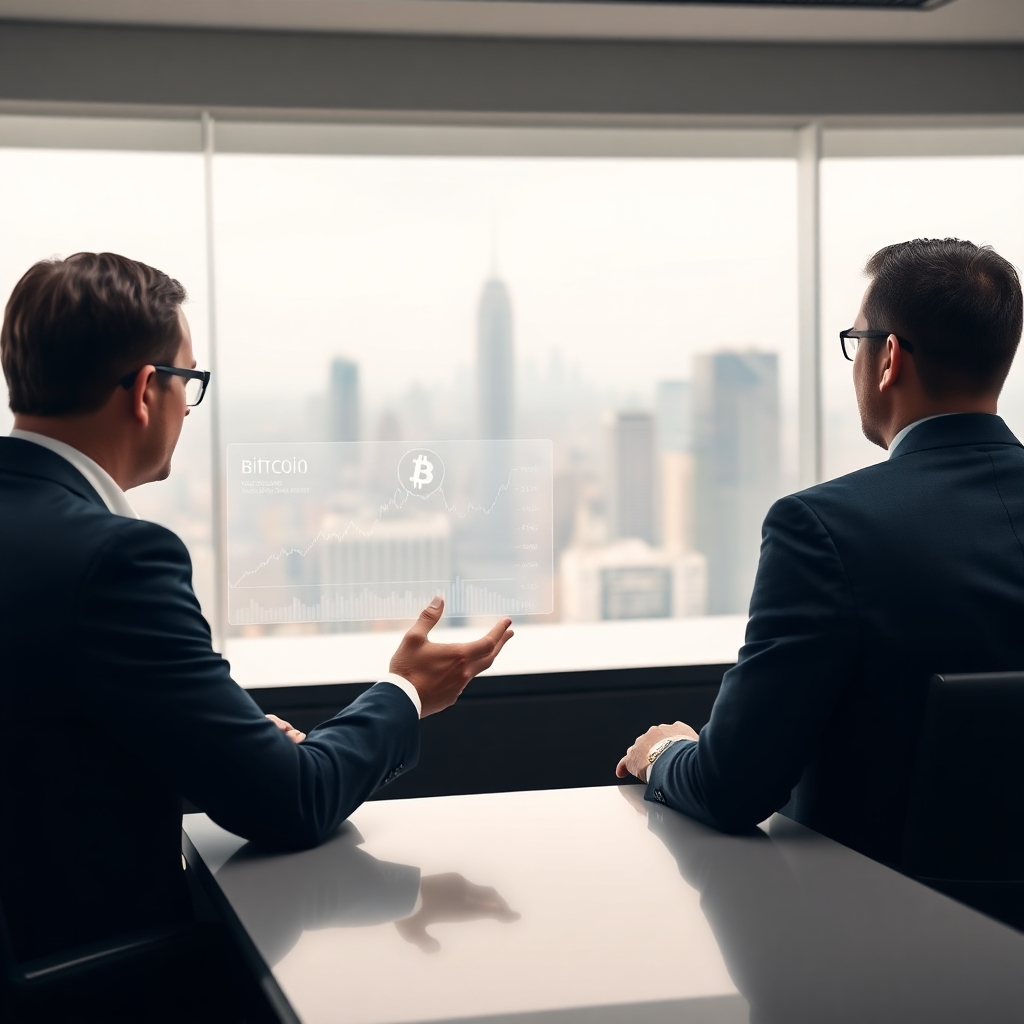 Photorealistic image, 8K resolution, soft, diffused lighting.  A well-dressed financial advisor is shown sitting across from a client at a modern desk. The advisor gestures towards a holographic display showing Bitcoin price charts.  The scene is set in a minimalist, stylish office with panoramic city views. The color palette is muted and sophisticated, with earth tones and dark greys. Camera angle is over-the-shoulder, focusing on the client's perspective. The background is subtly blurred, keeping attention on the advisor and client. The overall mood is professional, trustworthy, and reassuring.  Textures and materials are highly detailed. Style reference: Annie Leibovitz.  Emphasis on subtle details such as textures on the suit fabric and the reflection on the holographic display.