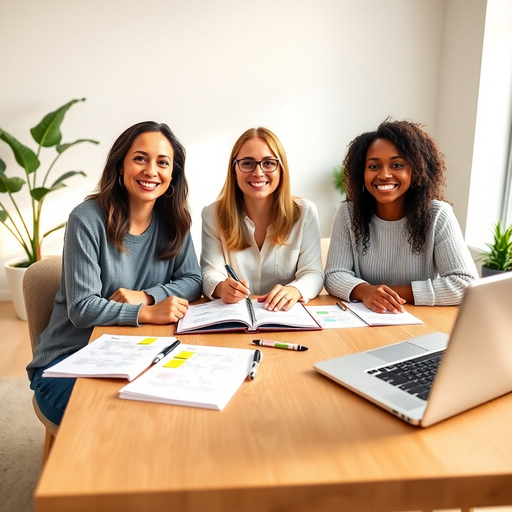 Photorealistic image, 8K resolution, hyperrealistic detail. A diverse group of three individuals, mid-thirties, smiling confidently, sitting around a light oak table in a modern, sunlit office. Soft diffused lighting enhances the warm, inviting atmosphere. The color palette is soft and optimistic, emphasizing natural light tones with pops of vibrant color in the planner and sticky notes.  The camera angle is slightly elevated, offering a friendly, inclusive perspective. Visible textures include the smooth table surface, the soft fabric of their clothes, and the slightly rough texture of the paper on the table.  Props include open notebooks with handwritten goals and action plans, colorful sticky notes, pens, and a laptop showing a goal-tracking app. The background is subtly blurred, keeping the focus on the individuals. Style inspired by Annie Leibovitz's portraiture.  The overall mood is positive, hopeful, and empowering.  Environmental elements include plants, adding to the calmness of the setting. 