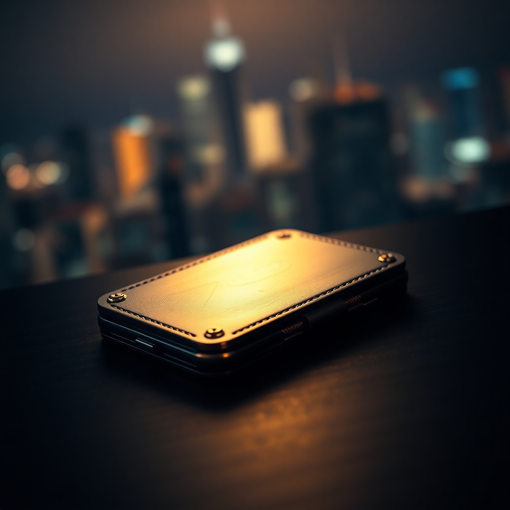 Photorealistic image, 8K resolution, hyperrealistic detail. A sleek, metallic Bitcoin wallet rests on a dark wooden table, illuminated by soft, warm lighting. The wallet's surface is highly detailed, showing subtle scratches and reflections.  The background is a blurred, bokeh-style image of a cityscape at night, suggesting security and sophistication.  The color palette is dark and moody, with metallic gold accents on the wallet. Camera angle is slightly elevated, creating a sense of authority and trustworthiness. The image evokes a sense of luxury and security, reminiscent of high-end product photography.  Style reference: Gregory Crewdson.  Focus is sharp on the wallet, with a shallow depth of field.