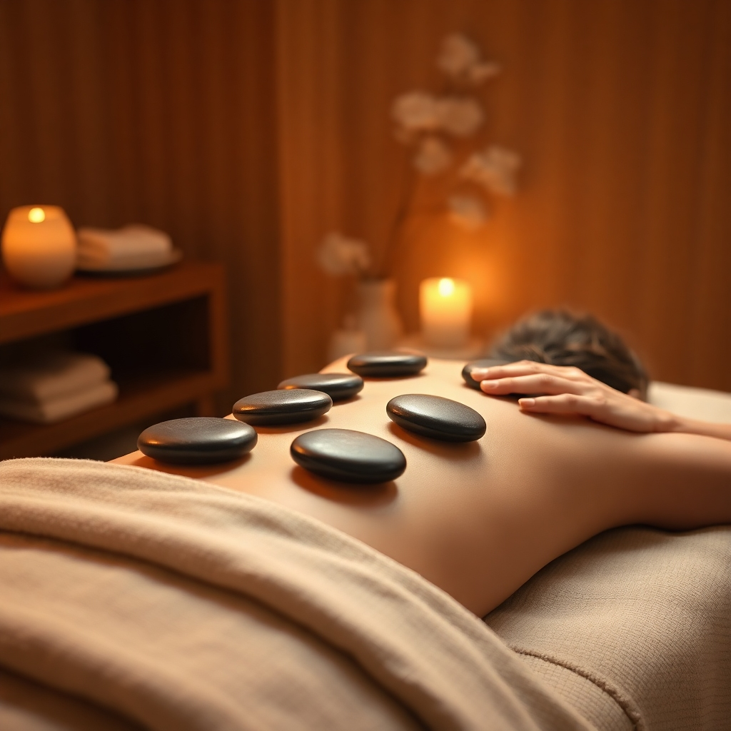 Photorealistic image, 8K resolution, hyperrealistic detail. Soft, warm lighting illuminates a spa room. A woman is receiving a hot stone massage; focus on the smooth, heated stones resting on her back and the therapist's gentle touch. The color palette consists of warm, inviting tones – oranges, browns, and creams. The stones should appear smooth and polished, radiating a gentle warmth. The massage table is draped in luxurious, textured linens.  Camera angle: slightly elevated, providing a clear view of the heated stones and their interaction with the client's skin. Style reference:  the calming work of Peter Lindbergh. The environment is minimalist and calming, emphasizing the contrast between cool skin and warm stones.  Include details like steam gently rising from the stones and a feeling of intense relaxation. Highlighted textures include the smoothness of the stones and the softness of the linens. Background details are subtle; focus remains on the main subject and the sensory details of the massage.