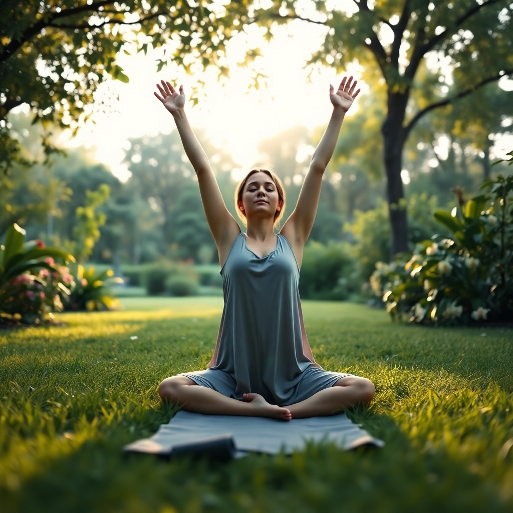 Photorealistic image, 8K resolution, hyperrealistic. A person, mid-twenties, is shown practicing yoga poses outside in a serene garden. Soft, warm lighting emphasizes the tranquility of the scene. The color palette consists of earthy tones, greens, and calming blues, reflecting the natural environment. The camera angle is eye-level, creating an intimate and engaging perspective. The textures include the soft grass underfoot, the smooth skin, and the flowing fabric of the clothing. Props include a yoga mat and some natural elements like plants and flowers.  The background is a lush, vibrant garden, with trees and plants gently moving in a soft breeze.  Style reference:  The calmness and natural light in the work of Galen Rowell.  The overall mood is peaceful, serene, and uplifting. The image evokes a sense of calm and renewal.