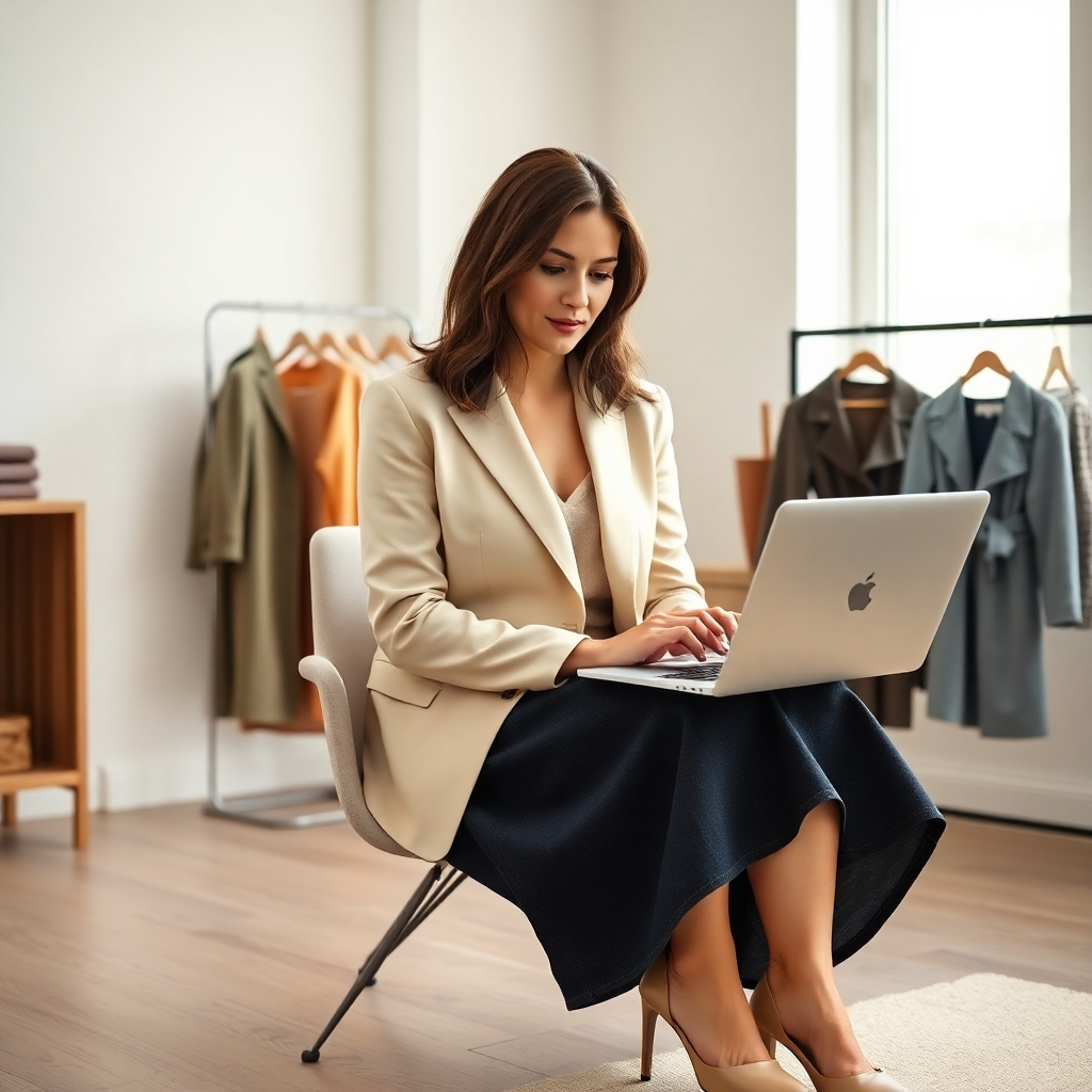 Photorealistic image, 8K resolution, hyperrealistic detail. A stylish woman in her 30s, medium length brown hair, sits in a modern, minimalist home office. Soft, diffused natural light from a large window illuminates the scene. She's wearing a sophisticated yet casual outfit: a tailored cream-colored blazer, a flowy dark-washed denim midi skirt, and pointed-toe nude heels. The color palette is neutral and elegant. Her expression is confident and approachable. She's actively engaged in a video call on her laptop, showing a mood board created through a collaborative style consultation. The background features a selection of stylish clothes and accessories that complement the outfit; hints of textures include soft cashmere and silk. Camera angle is slightly elevated, creating an intimate yet professional feeling. Style reference: Annie Leibovitz, with a touch of minimalist Scandinavian influence. The image exudes a sense of calm, professionalism, and aspirational style.