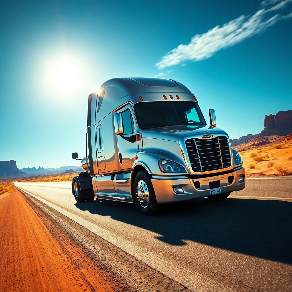 Photorealistic image, 8K resolution, hyperrealistic detail.  A long-haul semi-truck, a gleaming silver Freightliner Cascadia, is captured on a sun-drenched highway in the American Southwest. Soft, diffused sunlight illuminates the truck, casting long shadows. The color palette is warm and vibrant, with ochre desert sands, deep blue skies, and the metallic gleam of the truck. The camera angle is slightly low, emphasizing the truck's size and power. The truck is driving away from the viewer, showcasing its sleek lines and aerodynamic profile.  The road is empty except for the truck, creating a sense of freedom and open space. The texture of the asphalt, the rough-hewn desert landscape, and the metallic paint of the truck are ultra-detailed. In the background, mesas and distant mountains create a dramatic backdrop. The mood is one of freedom, adventure and reliability. The style is reminiscent of renowned automotive photographer, Michael Furman.  The image has a high level of realism and emphasizes the power and elegance of the truck.