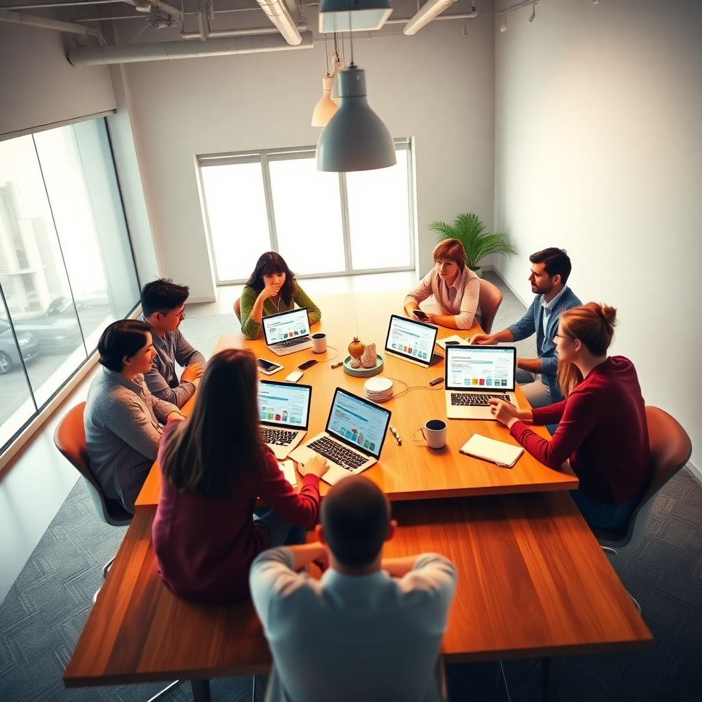 Photorealistic image, 8K resolution, hyperrealistic detail. A diverse team of marketing professionals brainstorming around a large table in a modern, bright office. Soft, diffused lighting. Warm color palette, conveying creativity and collaboration. High-angle shot, showcasing the entire table and team. Table textures: smooth, polished wood; laptop screens displaying social media dashboards.  Props: notebooks, smartphones, coffee cups. Background: minimalist modern office with large windows. Style of Annie Leibovitz. Mood: energetic, positive, collaborative.