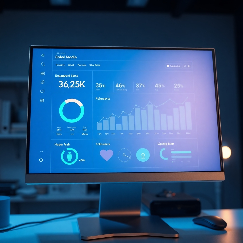 Photorealistic image, 8K resolution, hyperrealistic detail. A modern dashboard displays key social media performance metrics, such as engagement rate, reach, and follower growth.  The screen is bathed in cool, professional lighting, with a soft glow emanating from the display. The color palette is clean and sophisticated, using blues, grays, and greens. The image is a close-up shot of the screen, focusing on the data visualization.  Camera angle is directly in front of the screen, creating a clear and unobstructed view of the data.  Textures include the smooth glass of the screen and the metallic frame of the computer.  In the style of a minimalist tech photography, showcasing clarity and precision.  Background elements are blurred and out-of-focus, drawing attention to the central display. The image conveys precision, efficiency and data-driven decision making.