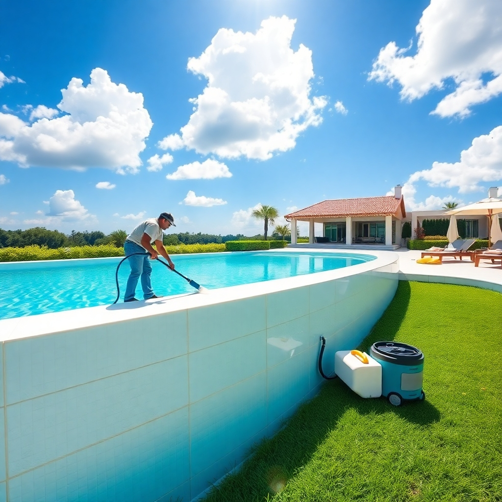Photorealistic image, 8k resolution, hyperrealistic detail.  A crystal-clear swimming pool, reflecting a vibrant blue sky with fluffy white clouds. Soft, diffused sunlight illuminates the scene.  The pool is surrounded by a pristine white patio with lush green landscaping. A professional pool cleaner is meticulously brushing the pool walls, paying close attention to detail.  The pool cleaning equipment is neatly arranged beside the pool.  The overall mood is serene and tranquil.  Materials: Smooth, shimmering pool water, textured pool tiles, soft green grass. Camera angle: Slightly elevated, showcasing the entire pool and surrounding area. Color palette:  Bright, saturated blues and greens, contrasted with the crisp white of the patio. Style:  Inspired by the work of David Hockney, emphasizing the clarity and vibrancy of the water and light.  Include subtle reflections of the surrounding environment in the pool’s surface.  In the background, there are sun loungers, towels, and a partially visible luxurious house. 
