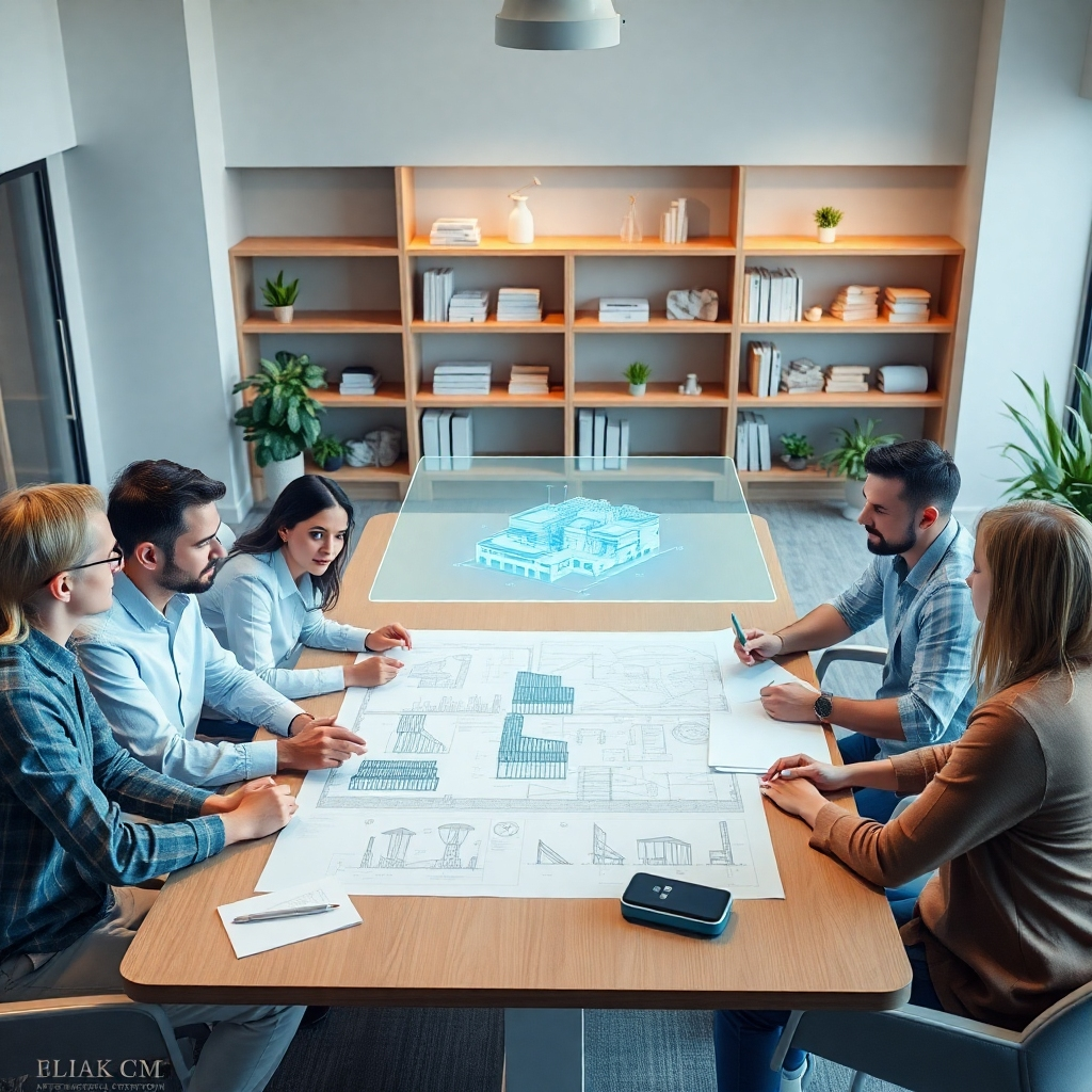 Photorealistic image, 8K resolution, hyperrealistic detail.  A diverse team of architects, engineers, and construction managers are gathered around a large table in a modern, well-lit office, reviewing blueprints and 3D models on a holographic projector. Soft, diffused lighting creates a calm and collaborative atmosphere. The color palette is a blend of cool blues and greens, conveying professionalism and precision. The camera angle is slightly elevated, showing the table from a bird's-eye perspective, emphasizing teamwork. Textures include the smooth glass of the projector, the crisp paper of the blueprints, and the fine details of the 3D models. The background features shelves with neatly organized architectural models and design books. In the style of a contemporary architectural photography.  Environmental elements include sleek furniture, natural wood accents, and potted plants.  The mood is focused and professional, emphasizing careful planning and collaboration.