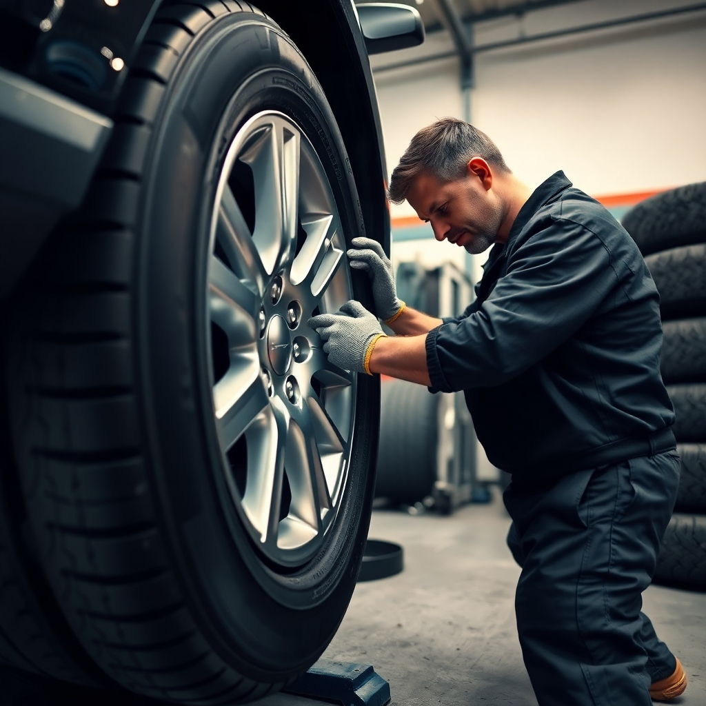Photorealistic image, cinematic lighting, ultra-detailed, 8K resolution. A mechanic efficiently changes a tire on a car, using state-of-the-art tools and equipment. Soft, even lighting with a slight warm tone to enhance the realism. The color palette incorporates the rich blacks of the tires against the bright chrome of the wheel rims. The camera perspective is from a slightly elevated angle, emphasizing the smooth, efficient actions of the mechanic. The texture of the tires, the metallic sheen of the rims, and the mechanic's work gloves are all critically important. The background subtly depicts a clean, well-maintained tire shop, organized and professional. Include other tires stacked in the background, neatly arranged. Style reference: automotive repair manuals and high-quality product photography.  The mood should be one of speed, professionalism, and efficiency.