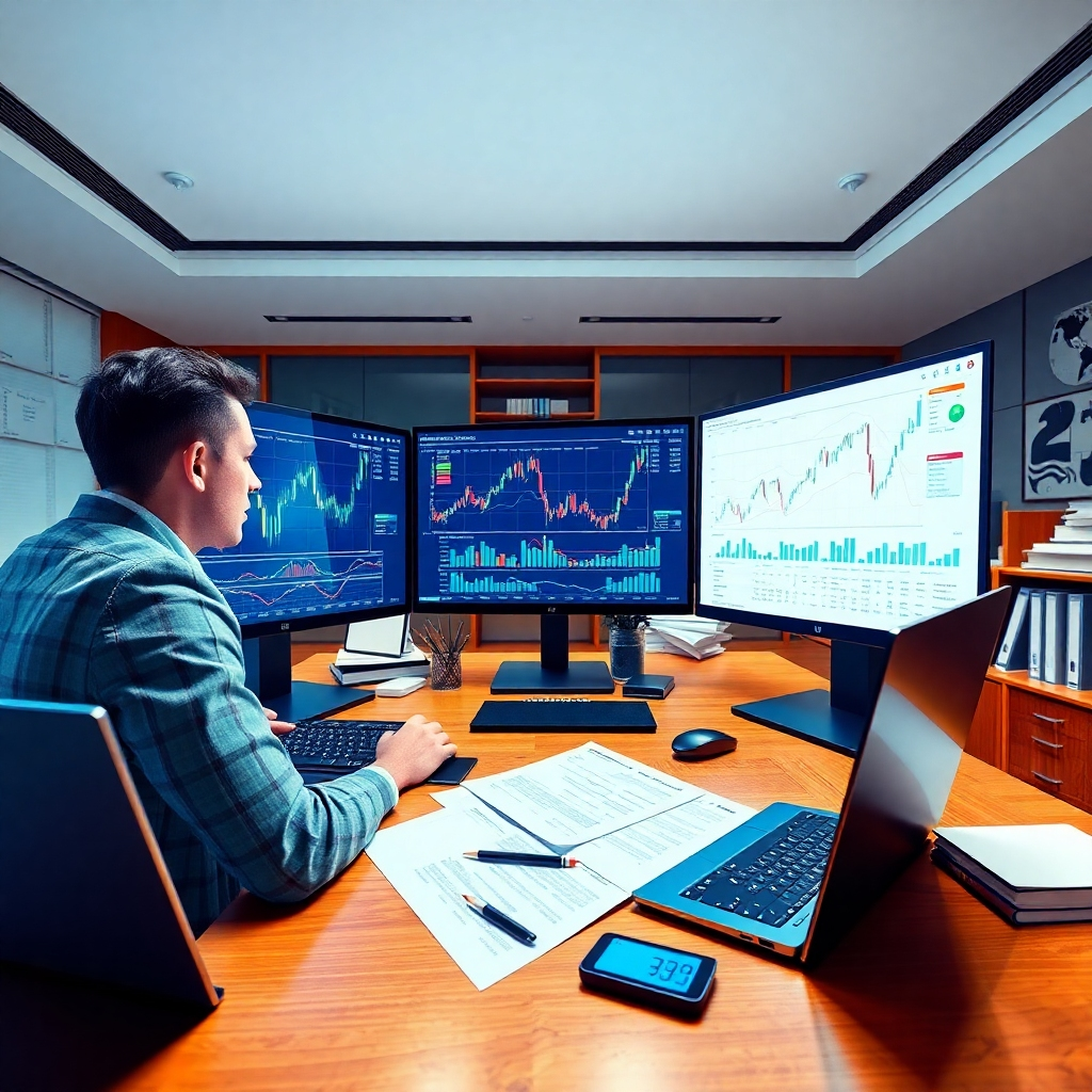 Photorealistic image, hyperrealistic, 8K resolution. A financial analyst is sitting at a desk in a brightly lit office, analyzing financial charts and graphs on multiple computer monitors. The lighting is bright and clean, symbolizing transparency and accuracy.  The color palette is modern and professional, using cool blues and greens to emphasize clarity and precision. The camera angle is slightly low, looking up at the analyst. The textures are sleek and modern: polished wood desk, glass monitor screens, and crisp paper documents.  Props include a laptop, financial reports, and a calculator. The background features office elements such as neatly organized files and design books.  The scene reflects order and control. In the style of a high-end corporate photography emphasizing clean lines, order, and control. Environmental elements include a modern office setting, reflecting professionalism and precision. The overall mood is one of confidence and financial security.