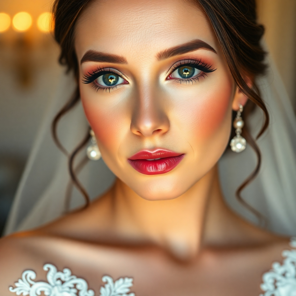 Photorealistic image of a bride with flawless, radiant makeup.  The focus should be on her glowing skin, delicately applied eye makeup, and a soft, romantic lip color.  She should be wearing a beautiful wedding dress, with soft lighting and a slightly blurred background to emphasize the makeup.