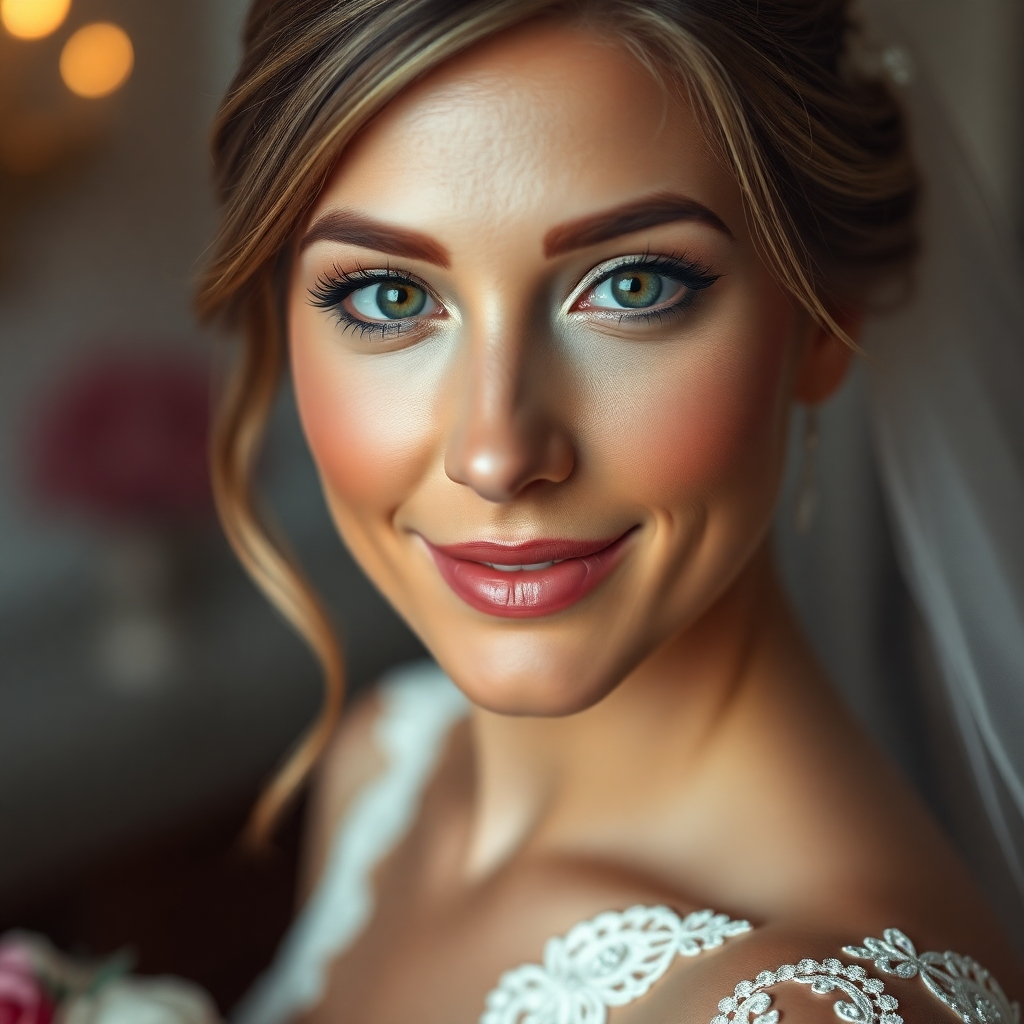 Photorealistic image of a bride with flawless, radiant wedding makeup, with a soft focus and romantic lighting. High-resolution detail in the makeup application, emphasizing the natural beauty enhanced by the makeup.  The background should be slightly blurred, focusing attention on the bride's face.