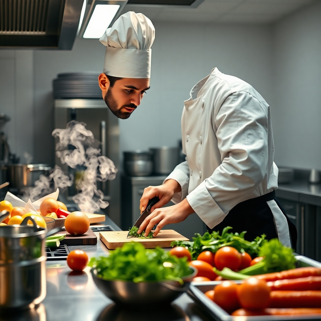 Photorealistic image of a chef in a professional kitchen, meticulously chopping vegetables at a stainless steel workstation. The kitchen is clean and bright, with various ingredients visible. Steam rises subtly from a nearby pot. The chef's expression should be focused and intense, conveying a sense of purpose and early morning energy.  The overall lighting should be bright and natural, highlighting the details of the scene.