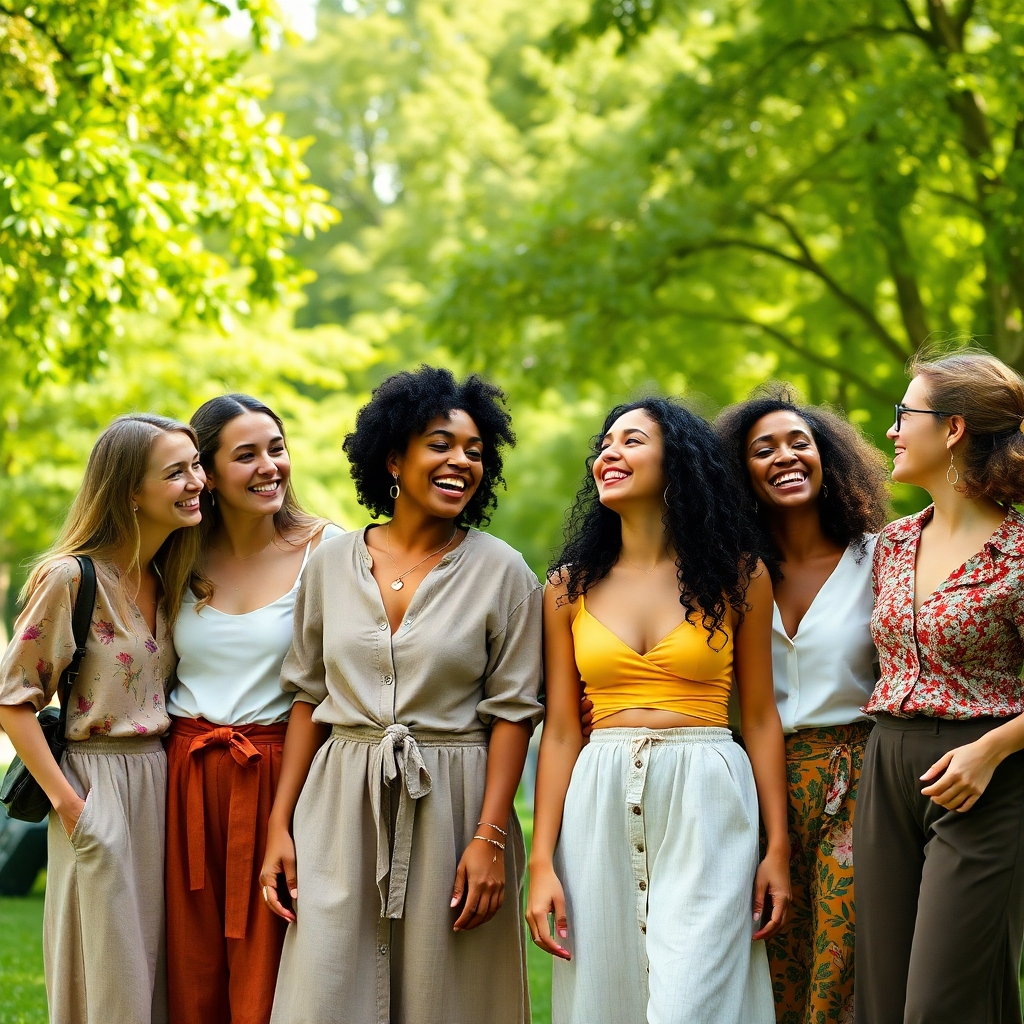 Photorealistic image of a diverse group of women laughing together, each wearing a unique outfit crafted from sustainable materials like organic cotton, linen, and recycled fabrics. The background is a lush green park, emphasizing the natural and sustainable aspect. The image should focus on natural lighting, conveying a sense of community and eco-conscious style.