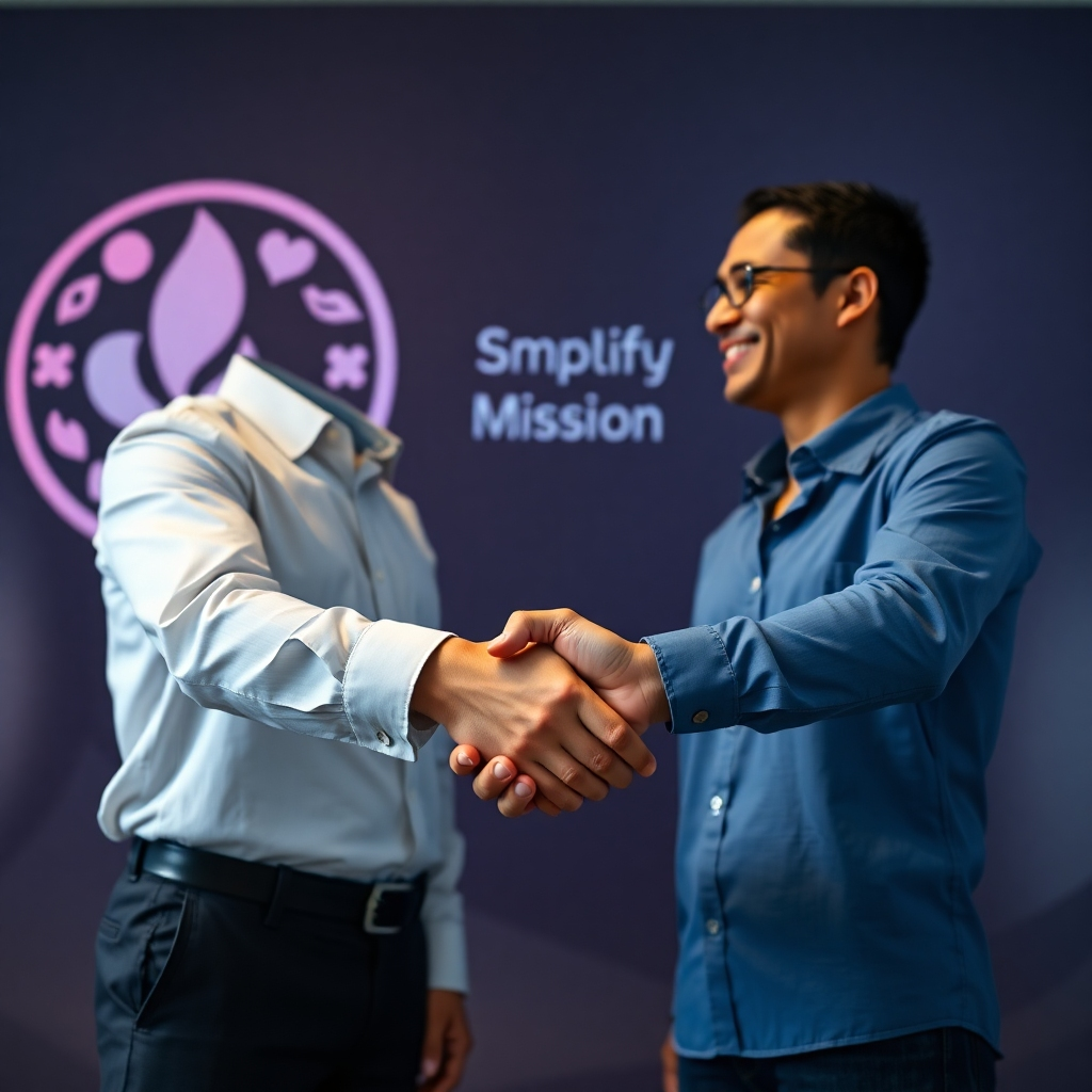 Photorealistic image of a handshake between a representative from a corporation (in business attire) and a representative from a non-profit organization (more casual dress). The background should subtly show the corporation’s logo and the non-profit’s mission, symbolizing a partnership and collaboration.