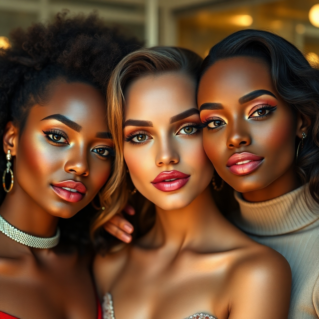 Photorealistic image of three diverse women with different skin tones and facial features, each styled with a unique glamorous makeup look that complements their individual style.  The setting should be a chic, modern makeup studio. High-resolution.