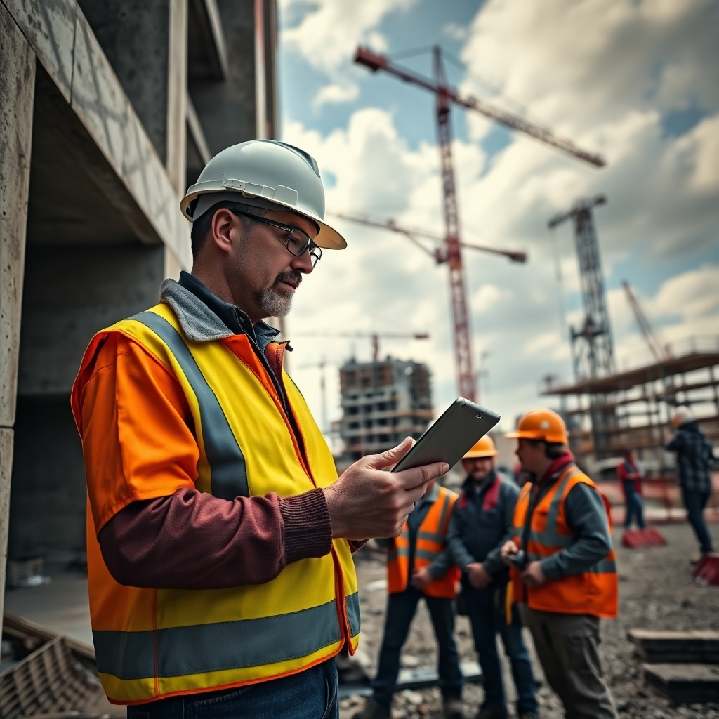 Photorealistic image, ultra-detailed, 8K resolution.  A construction site supervisor, wearing a high-visibility vest, is using a tablet to review safety protocols with a team of workers. Dramatic side lighting creates strong shadows, adding depth and drama. The color palette is subdued, emphasizing safety and caution, with muted earth tones.  The camera angle is eye-level, creating a sense of immersion. The textures are rough and realistic: the coarse concrete of the building, the worn steel of scaffolding, and the texture of work clothes. Props include hard hats, safety glasses, and construction tools. The background features an active construction site, with cranes, partially built structures, and workers in various roles. Environmental elements include a partly cloudy sky, creating a sense of realism and scale. In the style of a documentary photographer, emphasizing realism and authenticity. The overall mood conveys a sense of safety and preparedness.