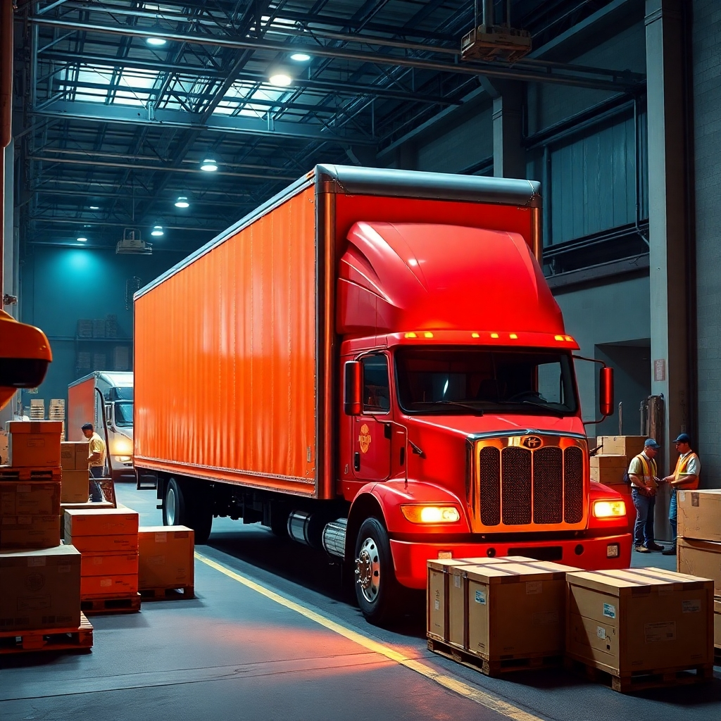 Photorealistic image, ultra-detailed, 8K resolution.  A meticulously maintained, late-model box truck, painted in a vibrant company livery, is shown in a bustling urban loading dock. Dramatic side lighting illuminates the truck and its surroundings, adding depth and contrast. The color palette is bold and energetic, with the primary company colors in the livery contrasted against the grey tones of the urban environment. The scene is viewed from a slightly elevated angle, showing both the truck and the loading dock activity.  Various crates and pallets are clearly visible, showcasing the variety of goods being loaded. The textures of the cardboard boxes, wooden pallets, and truck's metallic surfaces are rendered with incredible detail. The loading dock shows other trucks and workers in a busy yet organized scene. The overall style is inspired by the gritty realism of street photography. The image communicates both efficiency and the human element of the LTL shipping process.