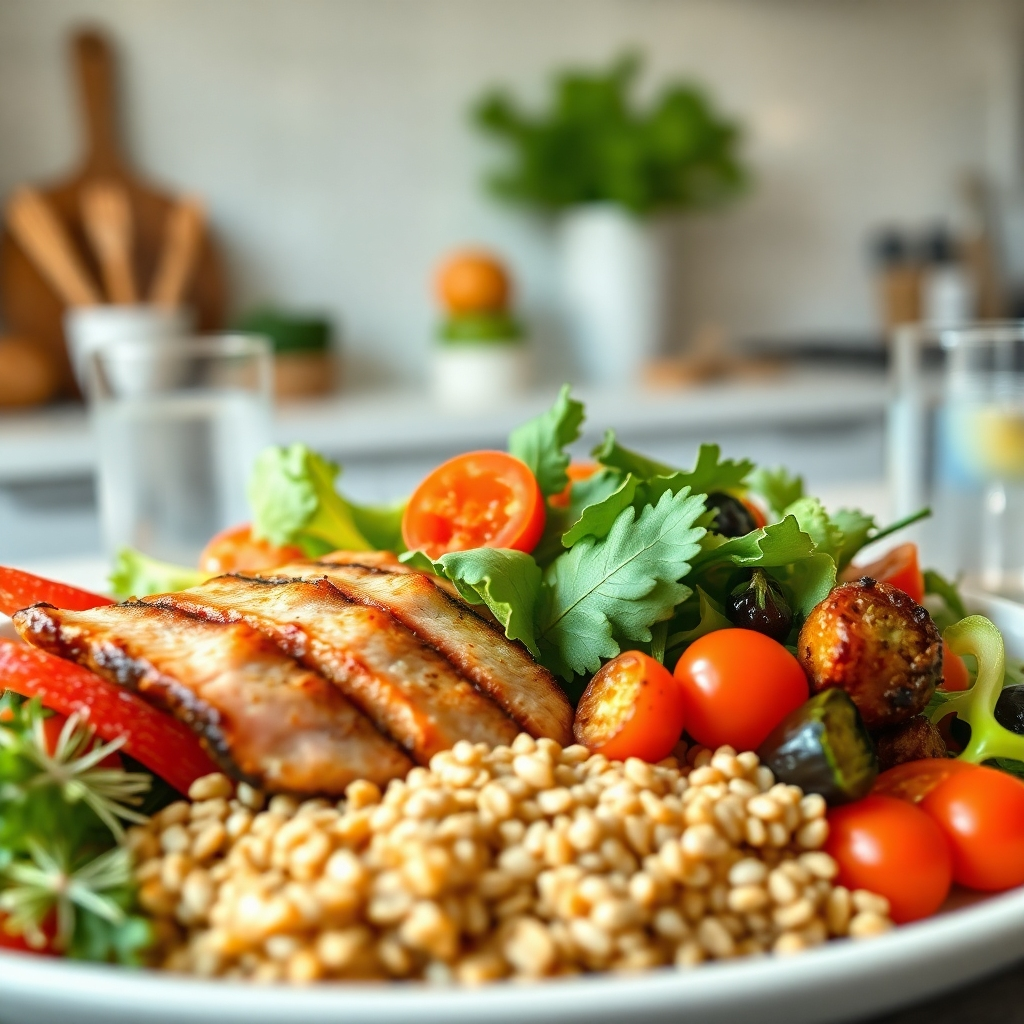 Photorealistic image, ultra-detailed, 8K resolution. A close-up shot of a meticulously arranged plate of healthy food; vibrant vegetables, lean protein, and whole grains. The lighting is soft and natural, emphasizing the textures and colors of the food.  The color palette is warm and inviting, featuring fresh greens, vibrant reds, and earthy browns. The camera angle is slightly elevated, offering a clear view of the food's details.  Textures are extremely realistic; you should be able to virtually feel the crispness of vegetables and the juiciness of the protein.  The background is intentionally blurred but shows a clean, modern kitchen setting.  Small props like fresh herbs, spices, and a glass of water are tastefully included. The style should be reminiscent of a high-end food magazine, with impeccable attention to detail and presentation. The overall mood is healthy and wholesome, emphasizing freshness and natural ingredients. In the style of a food photographer working for Bon Appetit magazine.