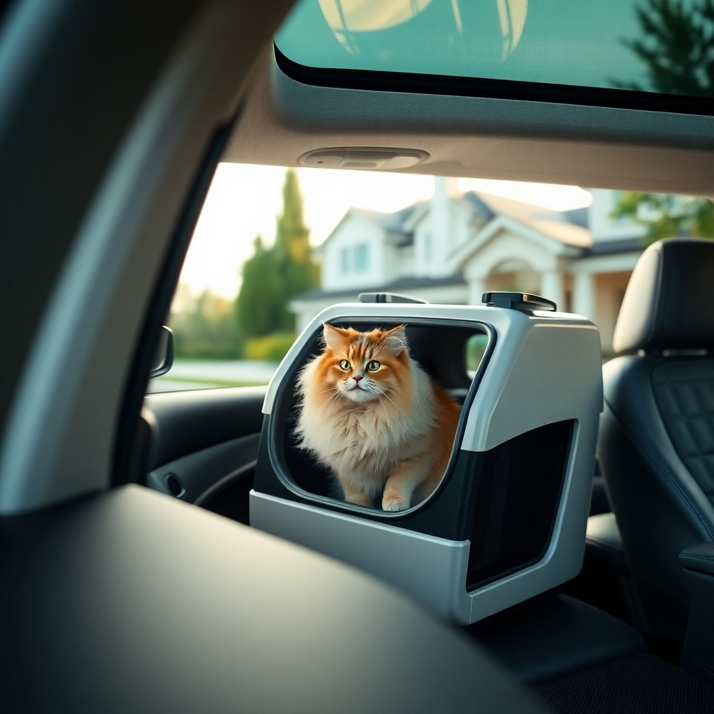 Photorealistic image, ultra-detailed, 8k resolution. A clean, modern white SUV with tinted windows pulls up to a picturesque suburban home. A fluffy Persian cat is carefully secured in a luxury pet carrier inside the vehicle. Soft lighting from the midday sun casts subtle shadows.  The scene emphasizes safety and comfort. The color palette is clean and sophisticated, focusing on the clean lines of the car and carrier. The camera angle is slightly elevated, emphasizing the cat's calm demeanor in the carrier.  The scene should communicate a sense of trust and professionalism.  The details of the carrier, the car's interior, and the exterior of the home should be clearly visible, conveying high-quality materials and design.  In the style of a car commercial, showing elegance and reliability.