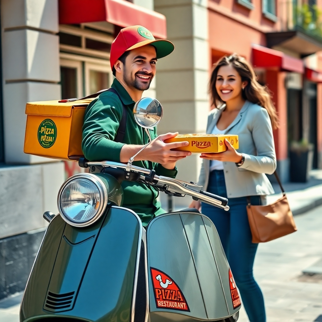 Photorealistic image, ultra-high quality, 8k resolution.  A friendly delivery driver on a scooter, wearing the Pizza Restaurant uniform, is delivering a pizza to a customer's doorstep.  Bright, sunny day.  Natural light with slight shadows.  Vibrant color palette;  bright reds, greens, yellows (from the pizza box).  Eye-level, medium shot, focusing on the interaction between the delivery driver and customer.  Textures:  smooth, clean scooter, worn leather of the delivery bag, slightly crumpled pizza box,  the customer's happy expression.  Urban background with a friendly neighborhood vibe.   In the style of a classic Hollywood film still.  The mood is positive, reliable, and efficient.  Include a clearly visible logo of the Pizza Restaurant on the scooter and pizza box.  Show the driver handing the pizza to the customer with a smile.