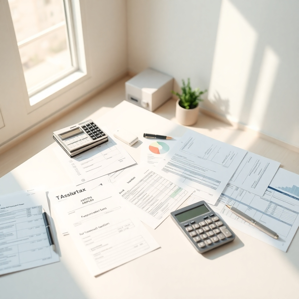 Photorealistic image, ultra-high definition (8K), in the style of a minimalist, clean aesthetic, reminiscent of Apple product photography.  The image centers on a neatly arranged desk with various documents related to tax preparation, including forms (1040, etc.), spreadsheets, and a calculator. The lighting is soft and diffused, creating minimal shadows and a sense of calm. The color palette is light and neutral, featuring soft whites, creams, and muted greens, with accents of metallic silver and gold.  Textures are sharp and refined, emphasizing the clean lines of the paperwork and the subtle sheen of metal. The background is a minimalist, uncluttered office space with natural light pouring in.  The camera angle is slightly elevated, providing an overhead shot emphasizing order and organization.  The overall feeling should be one of accuracy, precision, and peace of mind, associated with reliable tax preparation services.  The image should feel trustworthy and reassuring.