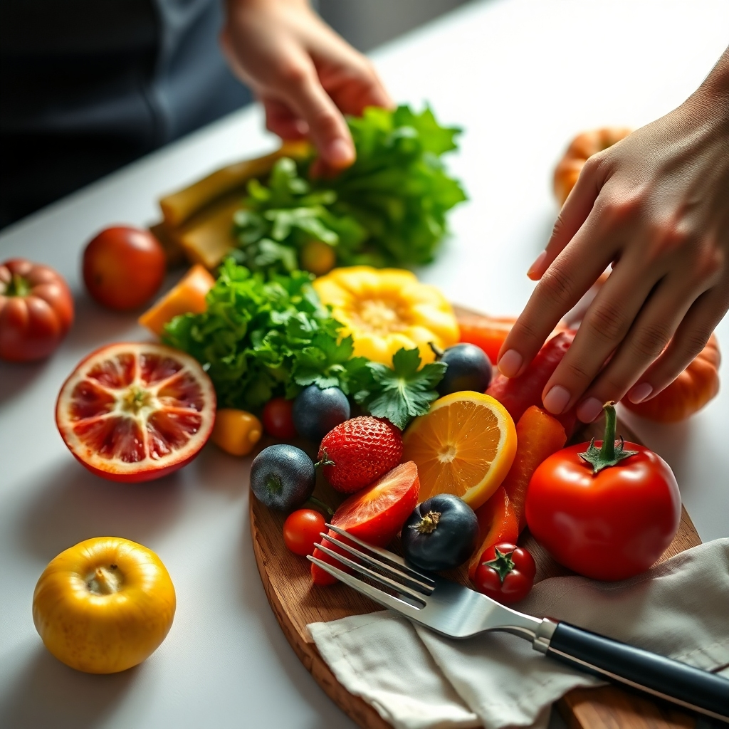 Photorealistic image, ultra-high definition, cinematic lighting. A close-up shot of hands skillfully arranging vibrant fruits and vegetables for a visually stunning food photography setup. Soft, warm lighting with a slight rim light highlights the textures and colors. The color palette is rich and saturated, focusing on the natural vibrancy of the produce.  Camera angle is from a slightly elevated position, looking down to emphasize the intricate arrangement. Textures are highly detailed, showing the smooth skin of the fruits and the rough texture of the vegetables.  The background is a clean white surface, allowing the produce to be the focal point.  In the style of a renowned food photographer, emphasizing detail and mouthwatering appeal.  Props include a wooden cutting board, a linen napkin, and elegant cutlery. The image conveys professionalism, artistry, and the creation of engaging visual content.