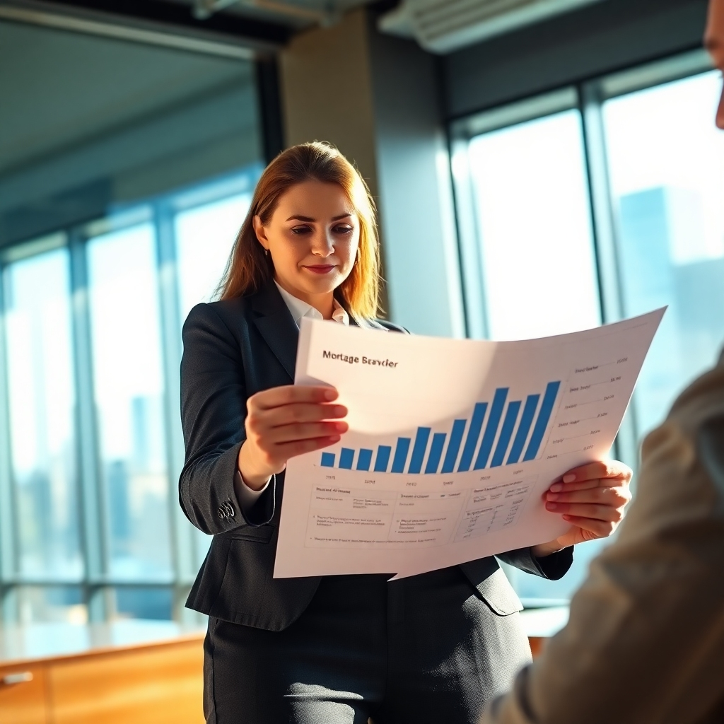 Photorealistic image, ultra-high quality, 8K resolution.  A professional woman, the Mortgage Broker, is confidently explaining a financial chart to a client.  The setting is a modern, well-lit office with large windows, showcasing a cityscape view.  The lighting is dramatic, with natural light streaming in from the side, highlighting the details of the chart and the seriousness of the discussion.  Color palette emphasizes professional and sophisticated blues and greys, mixed with the warm tones of wooden furniture.  Camera perspective is over the shoulder of the client, creating a sense of immediacy and involvement.  Materials are portrayed with ultra-high detail; smooth glass, crisp chart paper, fine-textured clothing.  The background features subtle bokeh effects, drawing focus to the Broker and client.  The mood is serious but optimistic, focusing on the possibilities of financial improvement. The style should emulate the work of Steve McCurry.  Emphasis should be given to textures and subtle nuances of materials.