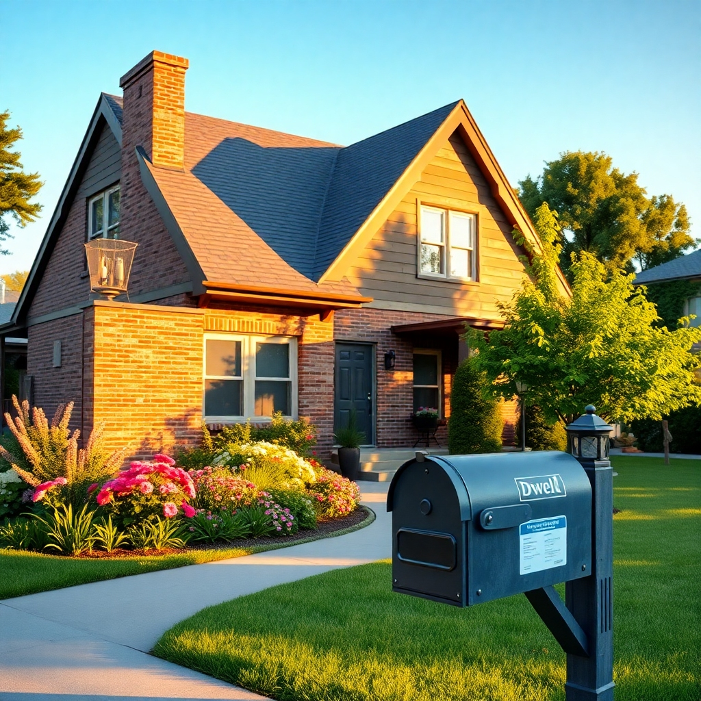 Photorealistic image, ultra-high definition, 8k resolution. A charming house with a well-maintained garden is shown on a sunny afternoon.  The lighting is soft and warm, with golden hour light highlighting the architectural details. Color palette is warm and inviting, showcasing earthy tones, brick, and lush greenery. A wide-angle shot emphasizes the size and beauty of the property, taken from across the street slightly elevated perspective. Textures are carefully detailed, including the rough brickwork, the smooth wood siding, and the soft textures of the landscaping. Environmental elements include blooming flowers, a manicured lawn, and mature trees.  Props include a mailbox with insurance paperwork subtly visible, a family friendly environment. The style mimics the warm, inviting aesthetic of architectural photography from Dwell magazine, focusing on lifestyle and aspirational living.