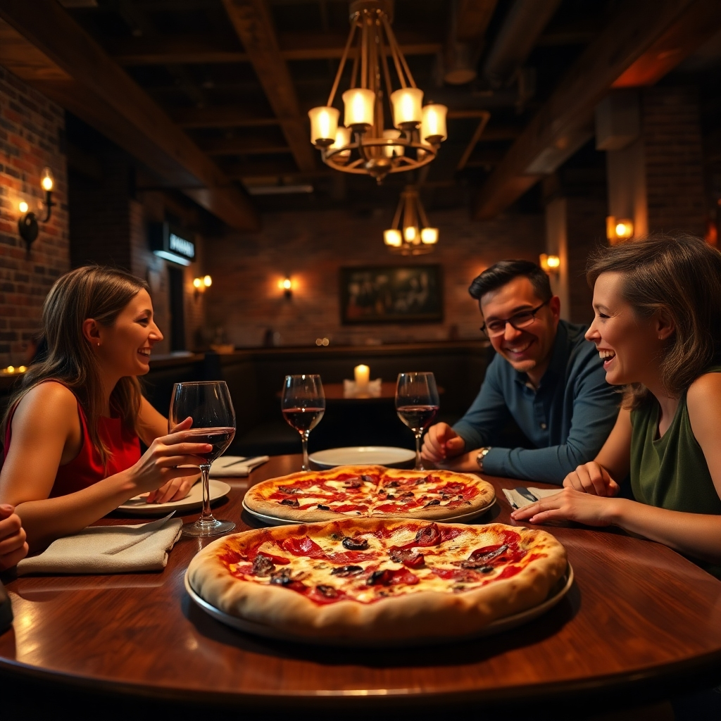 Photorealistic image, ultra-high quality, 8k resolution.  A dimly lit, upscale pizza restaurant at night. Dramatic side lighting with warm, inviting spotlights on tables. Color palette: deep reds, dark browns, warm golds, muted greens.  A family is enjoying a pizza together at a table, laughter is visible.  Eye-level perspective, focusing on the family and the delicious-looking pizza.  Detailed textures: polished wooden table, soft fabric napkins, shiny ceramic plates, crispy pizza crust, melted cheese.  Environment includes exposed brick walls, rustic wooden beams, warm-toned lighting fixtures, and soft background music (not visually depicted).  In the style of a cinematic still from a Wes Anderson film.  The mood is intimate, cozy, and happy.  Include wine glasses and candles on the table.
