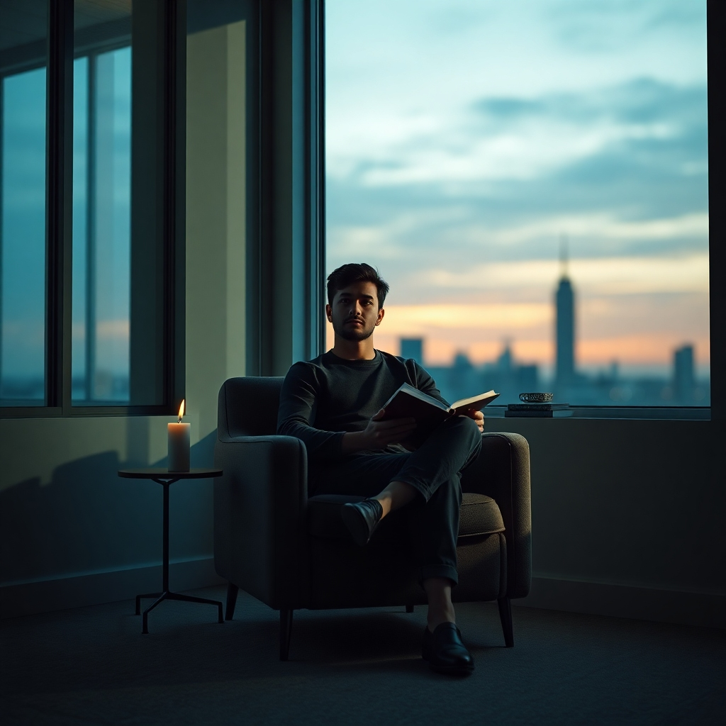 Photorealistic image, ultra-high definition. A single person, early thirties, sits on a comfortable, plush chair in a minimalist, modern room with large windows. Dramatic side lighting casts a shadow, creating depth and visual interest. The color palette is muted, with cool blues and greens conveying a sense of calm and introspection. The camera angle is slightly low, looking up at the individual, emphasizing their strength and resilience.  Textures include the soft fabric of the chair, the smooth glass of the window, and the subtly textured wall. Props include a single, lit candle and a small, open book. The background features a blurred city skyline at sunset, symbolic of a vast world of possibilities. Style references: Gregory Crewdson’s surreal style, mixed with the clarity of Steve McCurry's portraits. The overall mood is contemplative, yet hopeful and empowering.