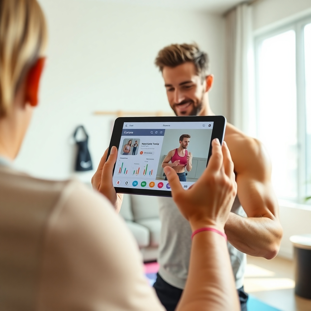 Photorealistic image, ultra-high definition, 8K resolution. A person is shown working out at home, using a tablet or smartphone to connect with their online personal trainer. The setting is a clean, bright, and comfortable home gym or living space, with soft natural lighting. The color palette is calm and inviting, with neutral colors accented by pops of color from exercise equipment. The camera angle is slightly elevated, giving a personal view of the workout session.   The scene should include details of the online interface displayed on the screen, showing progress charts and motivational messages. Textures and material details are sharp and clear, realistically depicting the person’s clothing, home environment, and electronic devices. The background features fitness accessories but subtly, to not distract from the connection between the client and their online trainer. The style should be modern and sleek, like a high-quality fitness app advertisement. The overall mood is supportive, encouraging, and convenient, emphasizing the seamless integration of technology and personal training.
