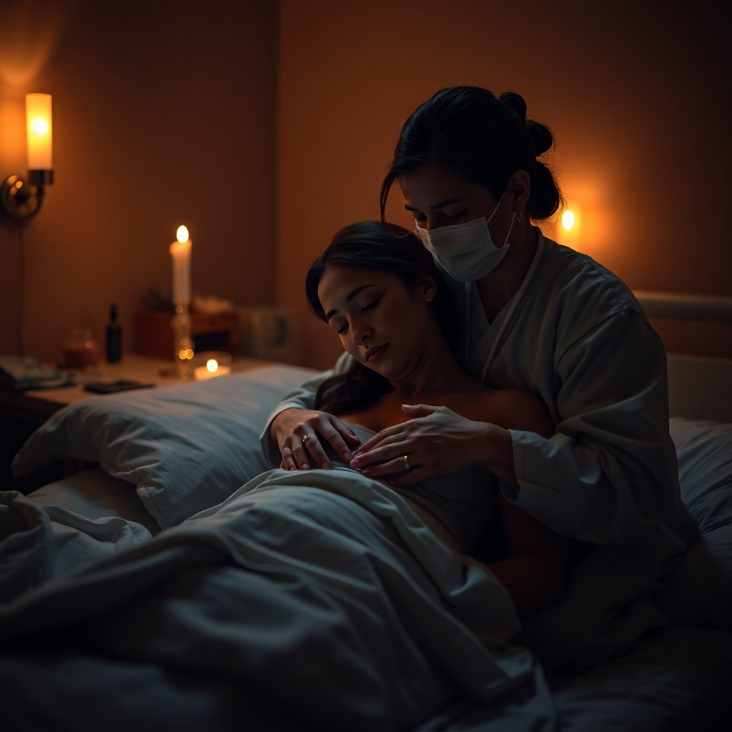 Photorealistic image, ultra-high definition, 8k resolution, in the style of Steve McCurry. The scene depicts a dimly lit birthing room, soft candlelight creates a warm, intimate ambience. A midwife is attentively supporting a woman in active labor. The focus is on the connection between midwife and mother, capturing intimacy and trust. The color palette is dark and muted, punctuated by warm candlelight.  The lighting is soft and diffused, avoiding harsh shadows. The midwife’s touch is gentle and reassuring.  Visible are medical supplies, but not prominent.  The fabrics of bedding and clothing are soft-textured and subtly detailed. The camera angle is close but not intrusive, from the patient’s perspective, creating a sense of safety. The mood is one of calm intensity, resilience, and hope. The background is uncluttered, allowing the focus to stay on the mother and midwife.  Every detail from skin textures to subtle facial expressions must be hyperrealistic.