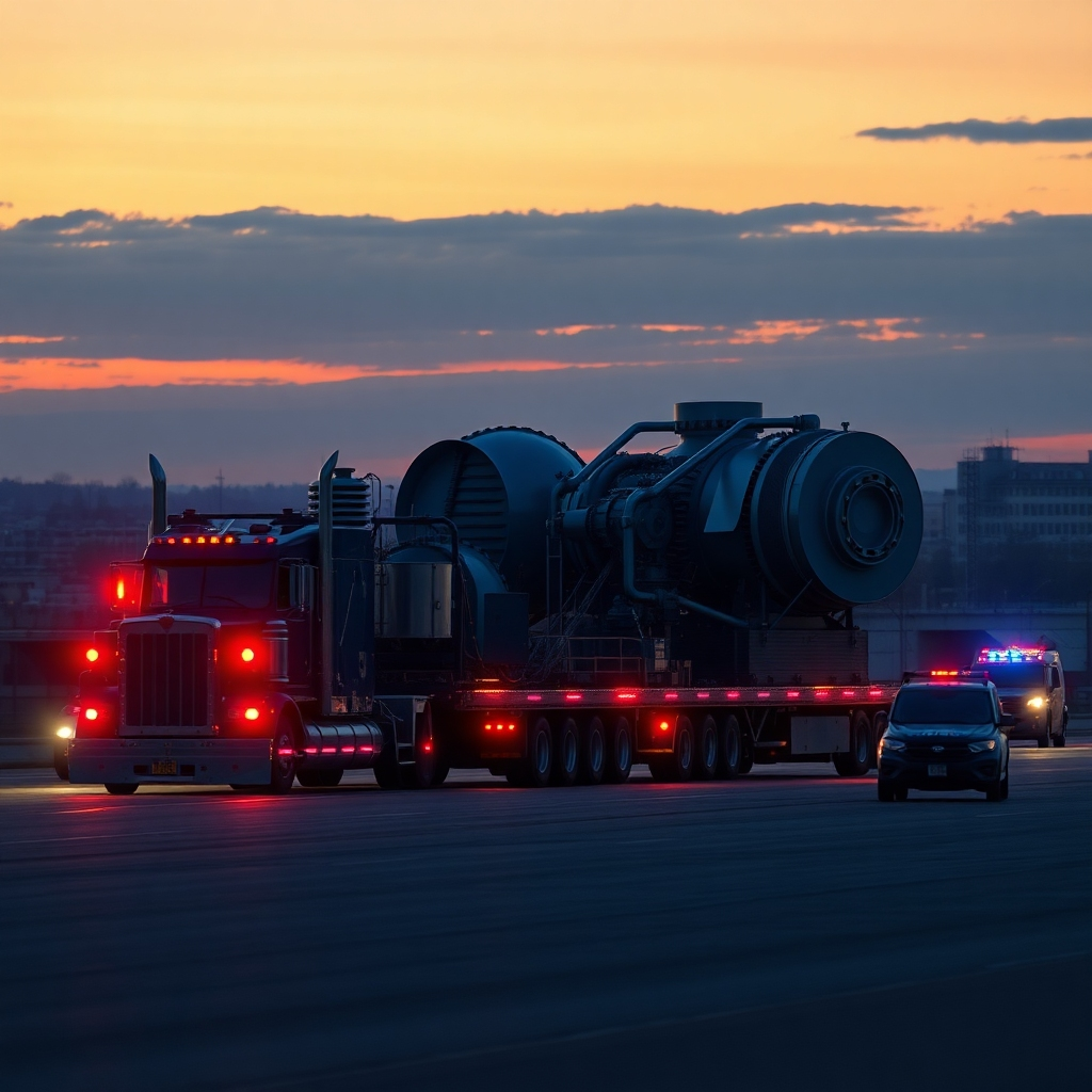 Photorealistic rendering, 8K resolution, hyperrealistic detail. A lowboy trailer, hauling an oversized piece of industrial machinery, is shown against a dramatic twilight sky. The lighting is a blend of soft ambient light from the setting sun and the bright, focused lights of the truck and its escort vehicles.  A deep, rich color palette includes the warm tones of the sunset, the cool metallic blues of the machinery, and the vibrant red lights of the escort vehicles. The scene is captured from a dynamic angle, emphasizing the sheer scale and complexity of the specialized transport operation.  The textures of the metal, the road surfaces, and the machinery are all incredibly detailed.  In the background, a partially visible cityscape adds to the industrial atmosphere, and the convoy is accompanied by a police escort.  The style emulates the precise documentary style of industrial photographers. The image conveys a sense of precision, care, and immense scale required in moving specialized cargo.
