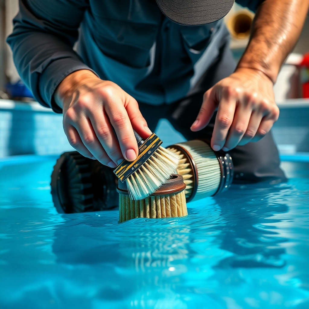 Ultra-high definition (8K), photorealistic image.  Close-up shot of a professional meticulously cleaning a pool filter. The filter is visibly dirty at the beginning of the shot and sparkling clean by the end of the shot.  Lighting: Bright, even lighting showing the detail of the filter's components.   Focus sharply on the filter, showing the texture of the filter media, the intricate mechanics, and the before-and-after results. The pool cleaner uses specialized tools; depict these in detail – brushes, hoses, and cleaning solutions. Color palette:  Focus on the earth tones of the filter components and the contrasting vibrant blues of the freshly cleaned water.  The overall mood should be one of precision and expertise. Camera angle:  Slightly angled, close-up shot showing the detail of the work. Style:  Photojournalistic, highlighting the expert's skill and precision. Show the difference between a dirty and clean filter. Environment: A clean, well-organized pool maintenance area in the background, subtly suggesting the larger context of pool care. 