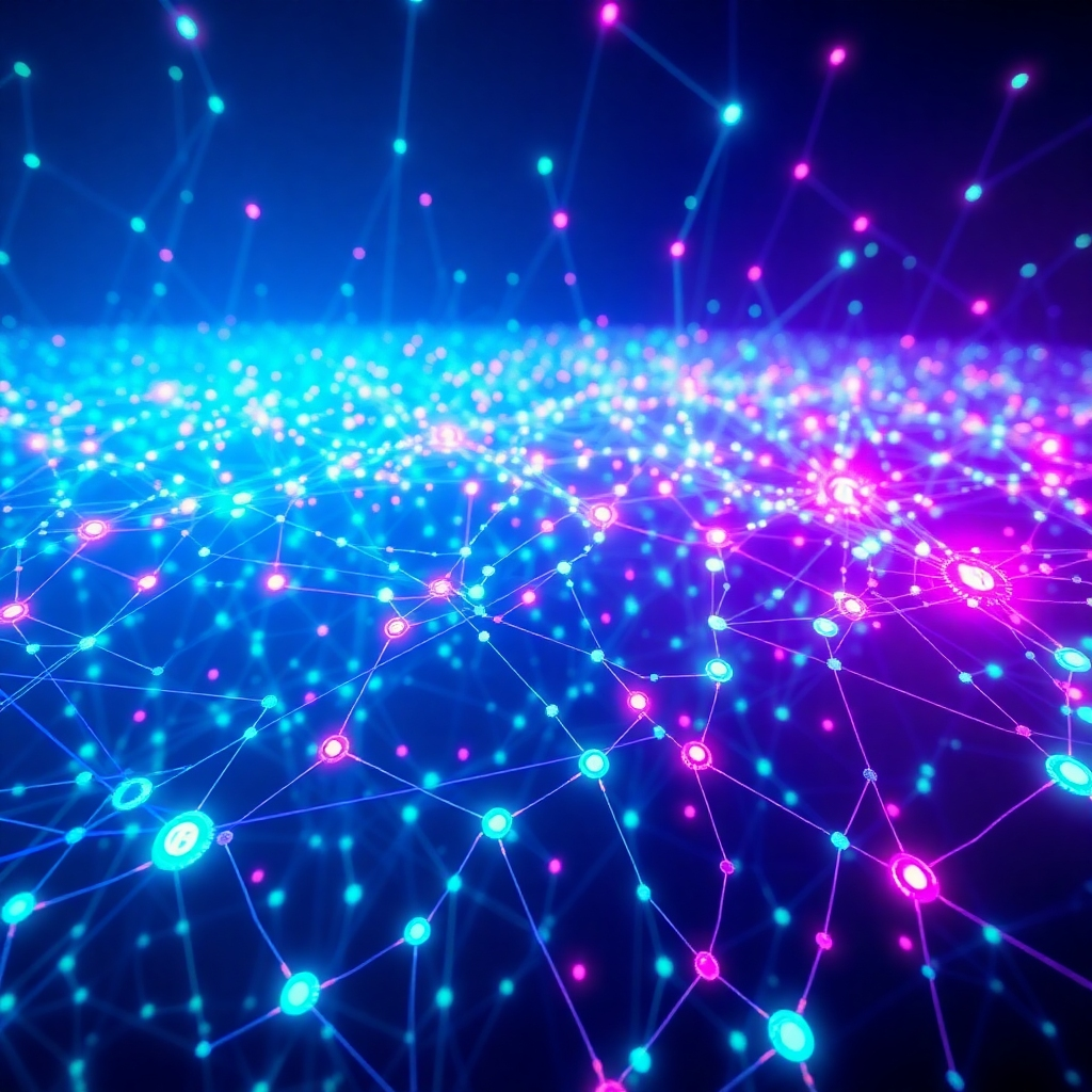Ultra-high definition image, 8K resolution, cinematic lighting.  A complex network of glowing nodes and data streams, representing Bitcoin transactions, fills the frame.  The color palette is electric blue, deep purple, and vibrant green, creating a dynamic and futuristic feel.  The composition is intricate and visually engaging, with lines of data weaving throughout the frame.  The image is hyperrealistic, with each node exhibiting detailed textures and subtle light reflections.  Camera angle is a sweeping, panoramic view, emphasizing the scale and complexity of the network. The style references Syd Mead's futuristic designs. The overall mood is powerful, efficient, and technologically advanced.