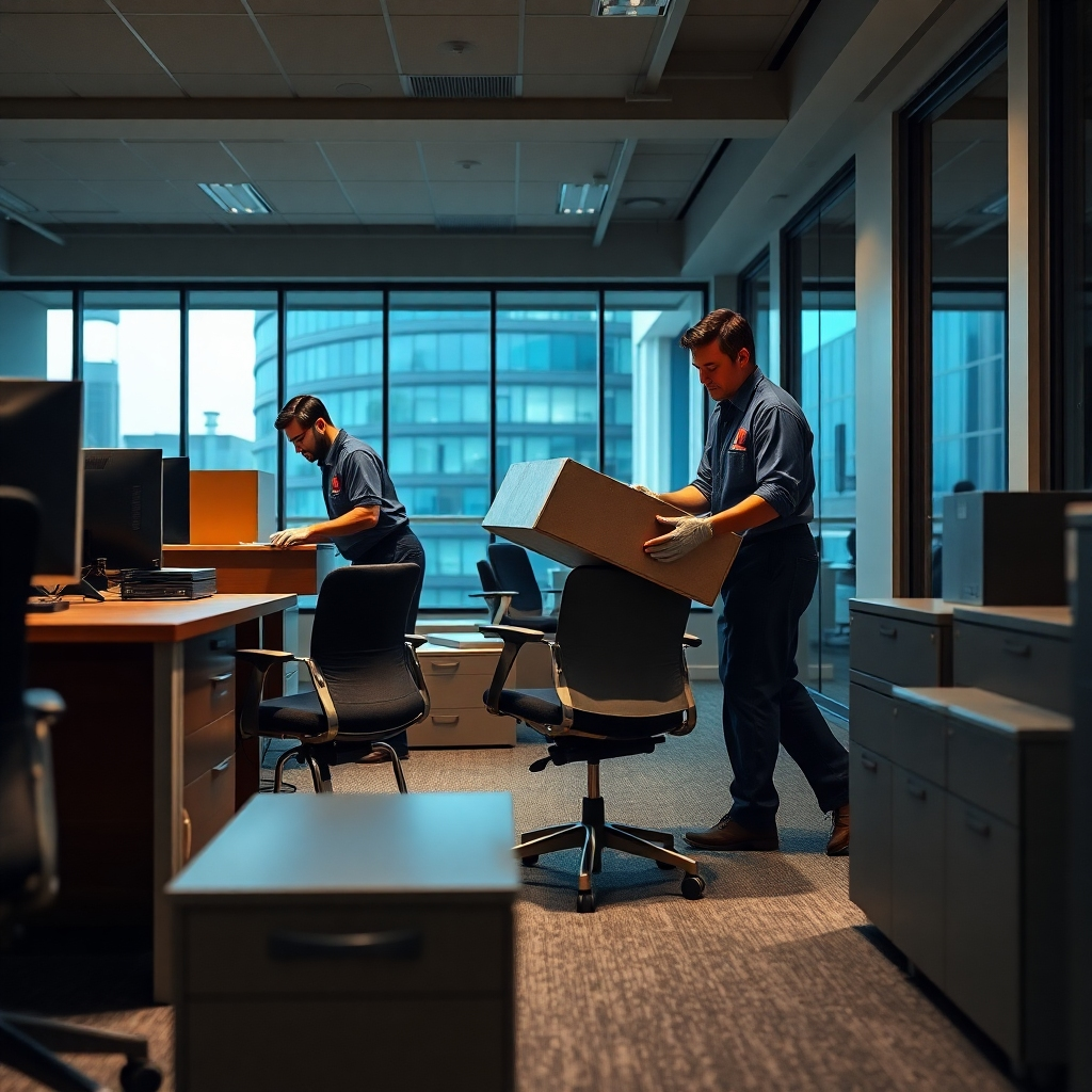 Ultra-high definition image (8K), hyperrealistic rendering. Depict a modern office space after hours; soft artificial lighting illuminates the scene, creating long shadows. Two professional junk removal workers are carefully dismantling and removing old office furniture—desks, filing cabinets, chairs—from an office.  The furniture is dated and shows wear.  The color palette is cool and professional, with greys, blacks, and blues dominating.  The mood is efficient and productive. The perspective is from a slightly low angle, emphasizing the workers' professionalism and attention to detail. Textures should be detailed: scratched wood of desks, worn upholstery of chairs, metallic surfaces of filing cabinets.  The background shows mostly empty office space with hints of modern architecture.  Style reference: a mix of architectural photography and photojournalism.  The company logo is subtly visible on the removal workers’ uniforms and the truck.  Environmental elements include a partially visible computer screen, and a sleek modern office building exterior visible through a large window.