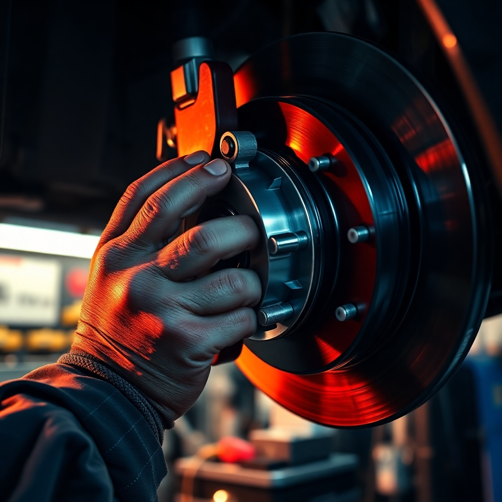 Ultra-high-definition image (8K), hyperrealistic rendering.  Close-up view of a mechanic's hands meticulously working on a car's brake system. Dramatic side lighting accentuates the details. The color palette is warm with metallic accents; reds, oranges, and golds reflecting off the brake components. The camera angle is a tight, low-angle shot emphasizing the mechanic's focused concentration and the precision of the task.  Textures of the brake pads, rotors, calipers, and fluid lines must be clearly visible. The background is a blurred view of a well-organized mechanic's workspace. The style should emulate a high-end automotive magazine's detail shots. The mood is one of serious precision and attention to safety. The image should convey a sense of trust and competence.