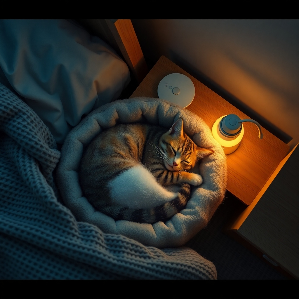 Ultra-high definition image, cinematic lighting, showcasing a cozy bedroom with a cat curled up asleep in a soft pet bed next to a warm, glowing nightlight. The room features soft, muted color palette, promoting a calming and serene atmosphere. The camera angle is from above, providing a gentle overhead view of the sleeping cat and its surroundings. Hyperrealistic rendering of the cat's fur, showcasing individual strands, and soft textures.  Materials such as the soft, plush pet bed, and a woolen blanket should be clearly textured.   The background includes a wooden nightstand with a small, soft-lit lamp, adding to the feeling of comfort and security. In the style of a still from a heartwarming family film.  Focus on capturing the tranquility and sense of peace.