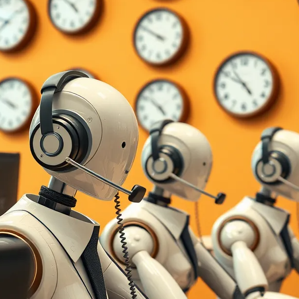 A photorealistic image depicting a futuristic, sleek call center with holographic displays showing AI agents handling multiple calls simultaneously. The background should be a modern, brightly lit office space with diverse employees working collaboratively. The overall mood should be one of efficiency and seamless operation.  Focus on the AI agents' data visualizations and call flow management. The image should project a sense of technological advancement and efficiency.