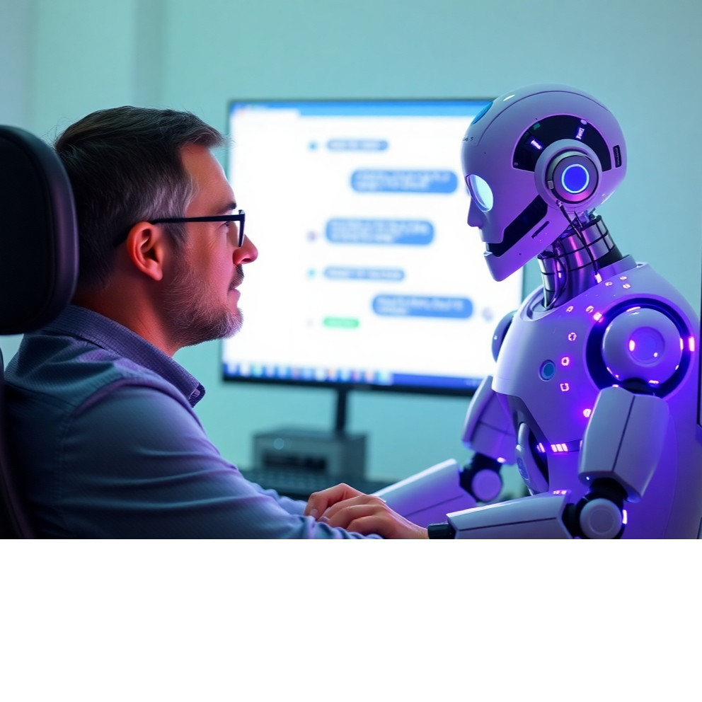 A photorealistic, ultra-high definition (8K) image depicting a clean, modern office interior. Soft, diffused lighting illuminates a high-tech workstation where a software engineer is interacting with a holographic projection of an AI agent. The AI agent is visually represented as a friendly, approachable humanoid avatar with a calm, neutral expression. The color palette is a sophisticated blend of cool blues and greens, accented with warm golds from the ambient lighting. The workstation is sleek and minimalist, featuring a large curved monitor displaying complex data visualizations related to the AI agent's performance.  Textures include smooth glass surfaces, brushed aluminum, and soft fabric elements. The engineer's hands are subtly highlighted, indicating active interaction with the holographic interface. The overall mood is calm, professional, and innovative. The camera angle is slightly elevated, offering a dynamic perspective on the interaction. In the background, blurred elements suggest a busy but organized workspace. Style reference: Annie Leibovitz's corporate portraits.  Focus is sharp on the engineer and holographic projection, with a shallow depth of field blurring the background.  Include subtle reflections on the glass surfaces. The image should evoke a feeling of technological advancement and user-friendly AI integration.