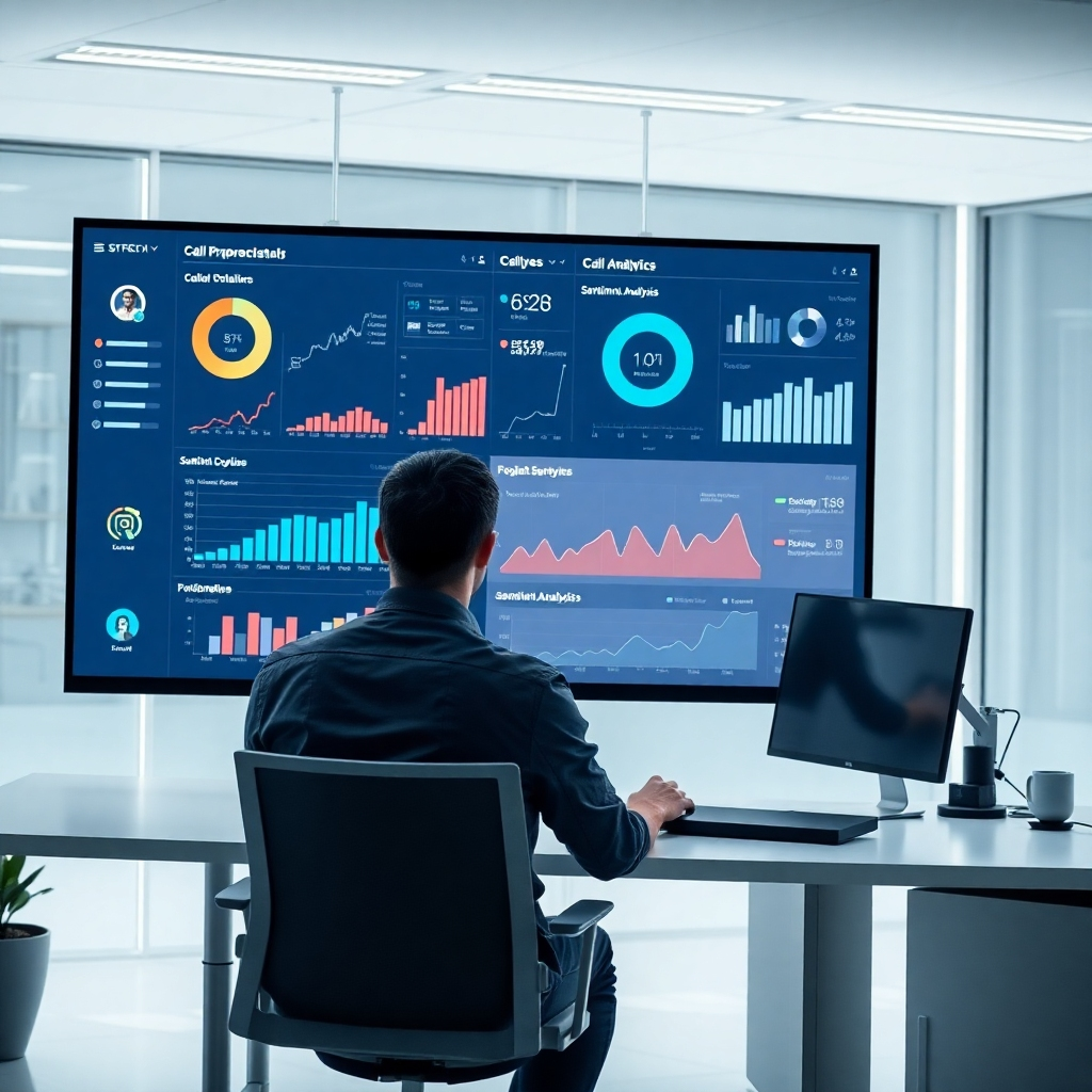 A photorealistic image of a clean, modern workspace. A person is sitting at a desk, looking at a large monitor displaying comprehensive call analytics: charts, graphs, and data visualizations showing call volume, duration, sentiment analysis, and conversion rates. The background should be a minimalist, technology-focused office environment. The image should convey efficiency, data-driven decision-making, and the integration of AI technology into the overall workflow.