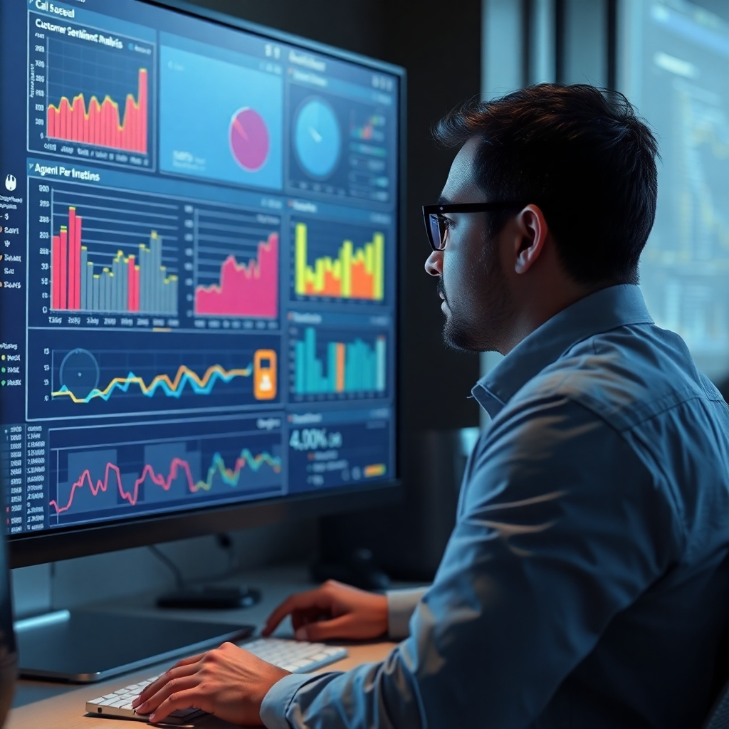 A photorealistic image of a data analyst reviewing detailed call data visualizations on a large monitor. The visualizations should include charts and graphs showing call success rates, customer sentiment analysis, and agent performance metrics. The background should subtly include elements suggesting the software interface, with data points clearly and elegantly represented. The scene should evoke a feeling of informed decision-making and data-driven optimization.