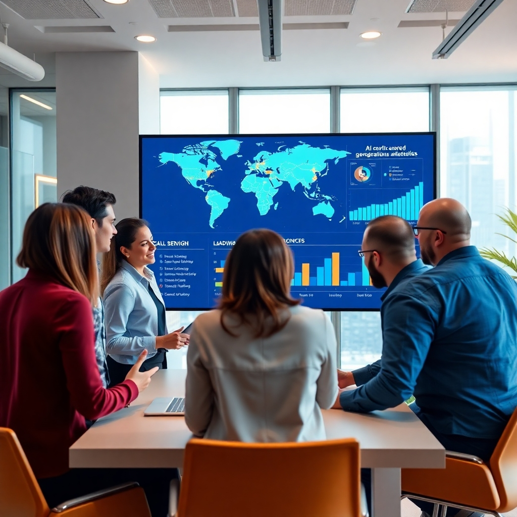 A photorealistic image of a modern, bright office with diverse team members collaborating around a large screen displaying data visualizations of successful AI-powered lead generation and qualification.  The screen shows a map with active call points highlighted, charts illustrating lead conversion rates, and a timeline depicting successful follow-ups.  The overall tone should be energetic and positive, highlighting teamwork and technology.